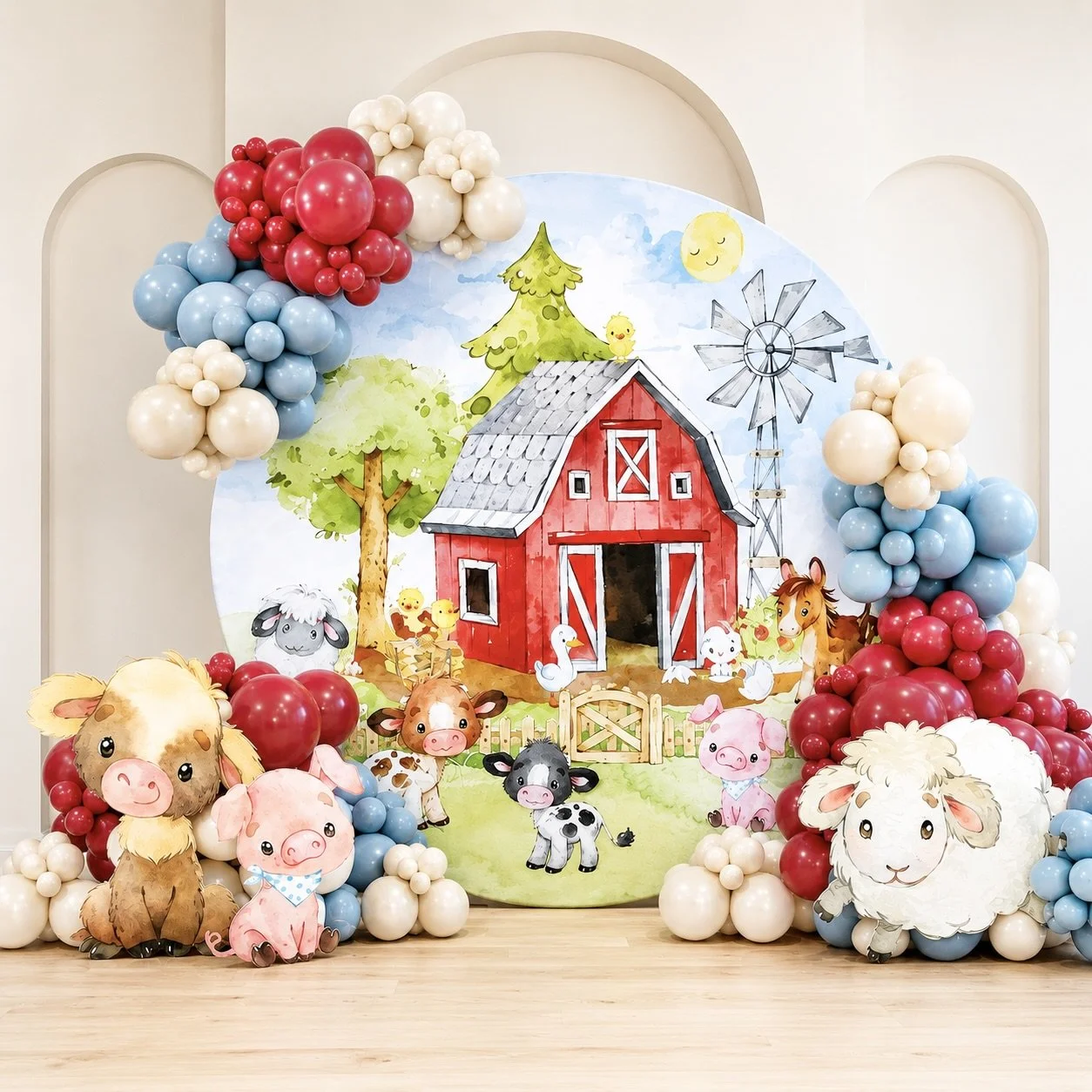 Farm-themed party backdrop with cartoon animals, a red barn, trees, and a sky with clouds, surrounded by balloon decorations in red, white, and blue.