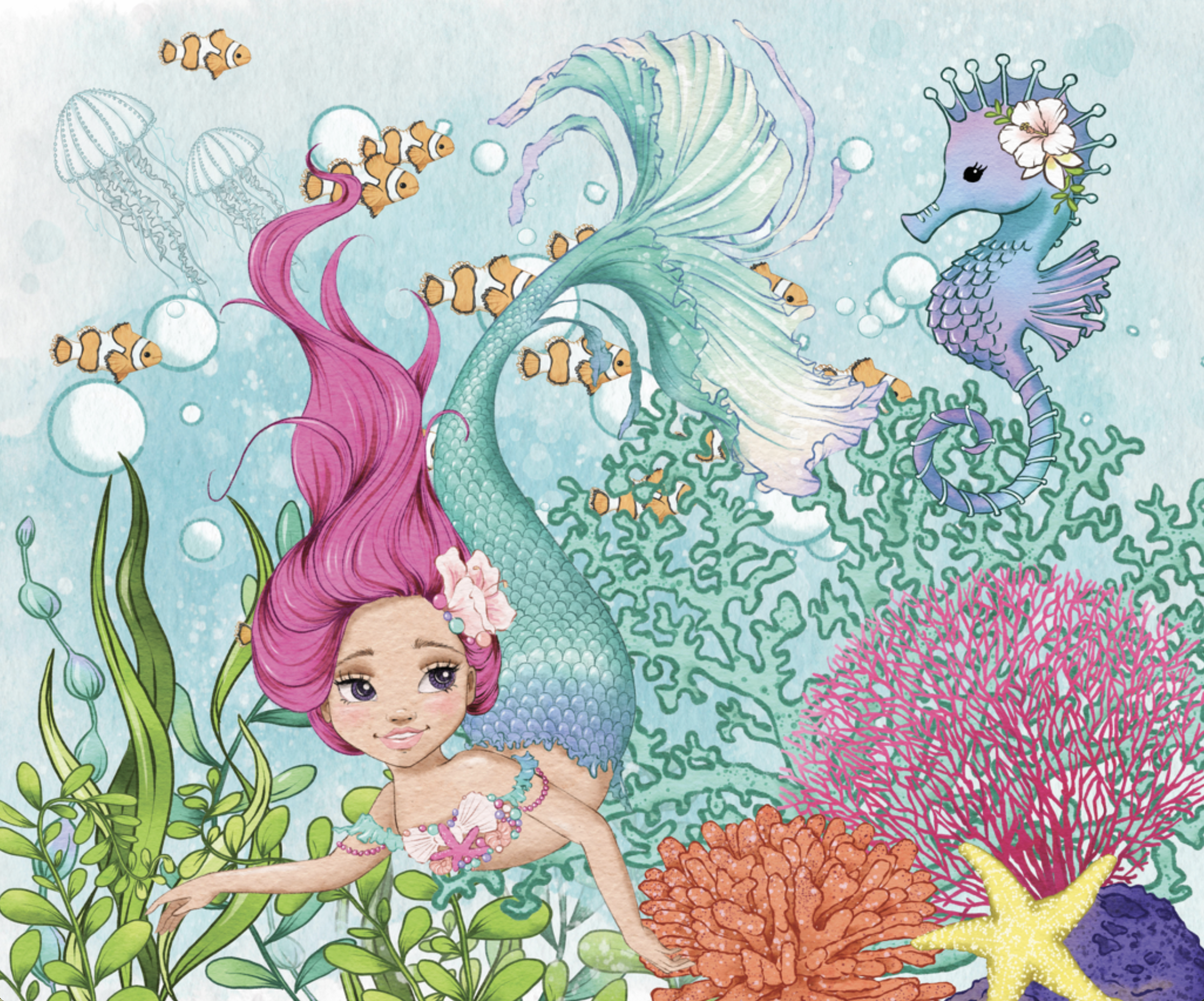 Underwater mermaid themed birthday backdrop featuring a mermaid with pink hair, surrounded by colorful coral, starfish, and sea plants, with fish and jellyfish swimming around