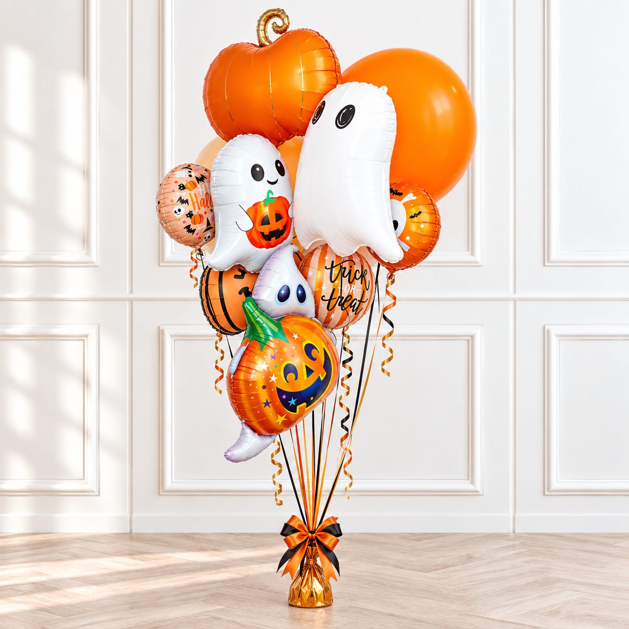 Halloween helium balloon bouquet with themed ghost and pumpkin foil balloons Brisbane