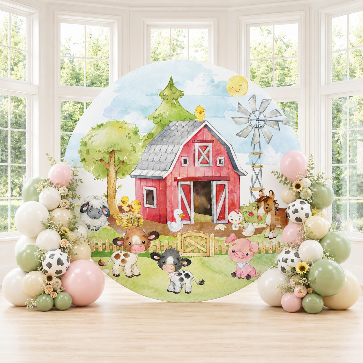 Barnyard backdrop party backdrop and balloons for kids party styling and party hire in Brisbane and Gold Coast by Print Candy