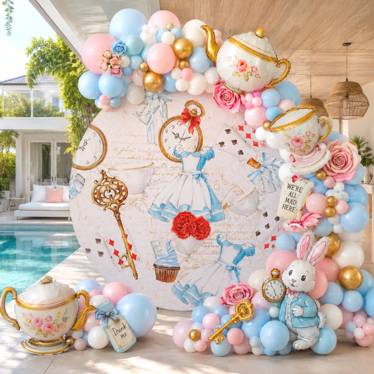 Decorative balloon display featuring pastel and metallic balloons in pink, red, blue, and gold arranged around a Mickey Mouse clock and a pink lion plush toy with a lion face on a white base.