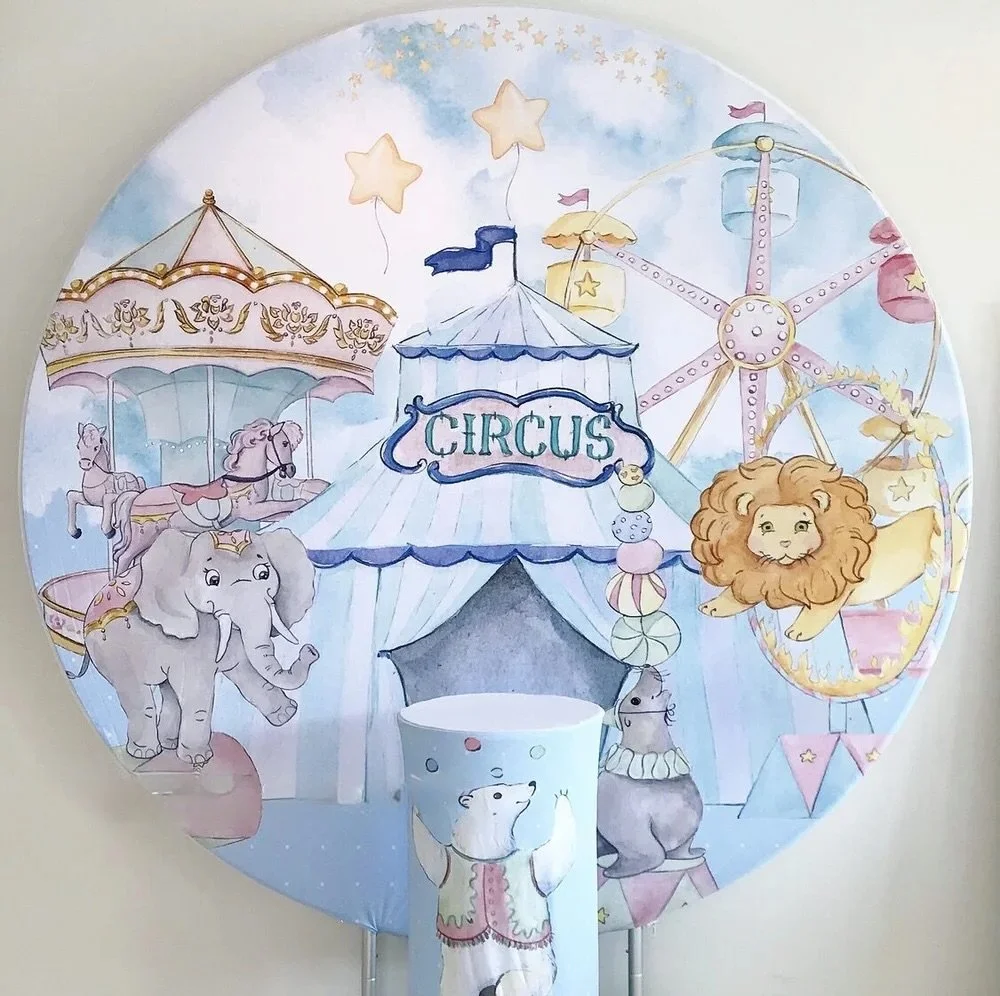 Round pastel blue circus themed backdrop