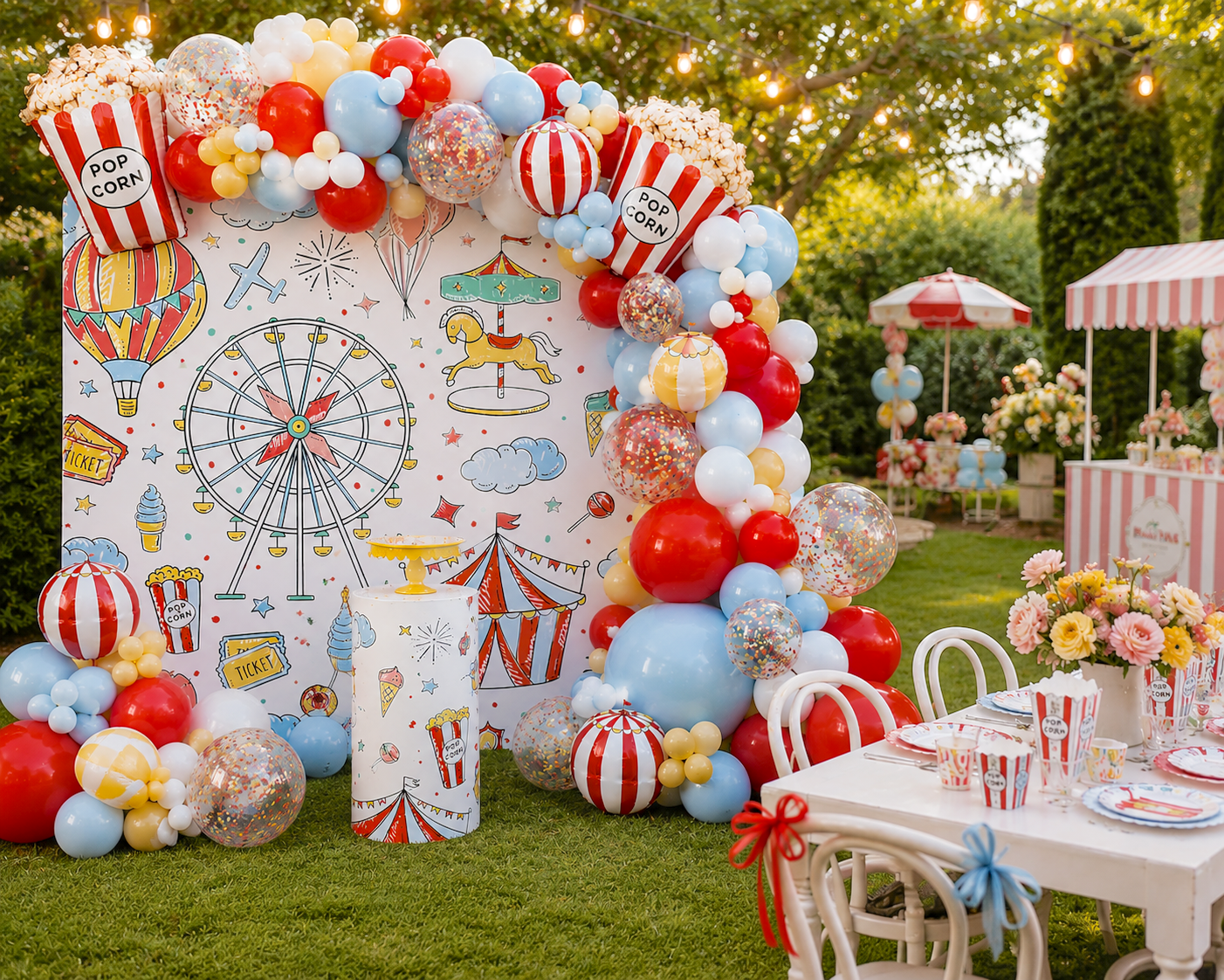 Colorful carnival-themed party setup with balloons, a backdrop featuring a ferris wheel and circus tents, decorated tables with popcorn-themed tableware, flowers, and string lights.