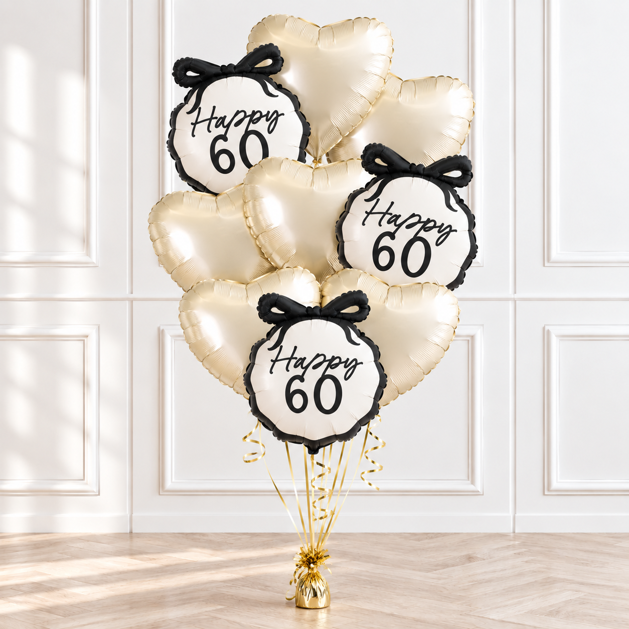 Classic 'Happy 60' birthday helium balloon bouquet with number and heart balloons by Print Candy