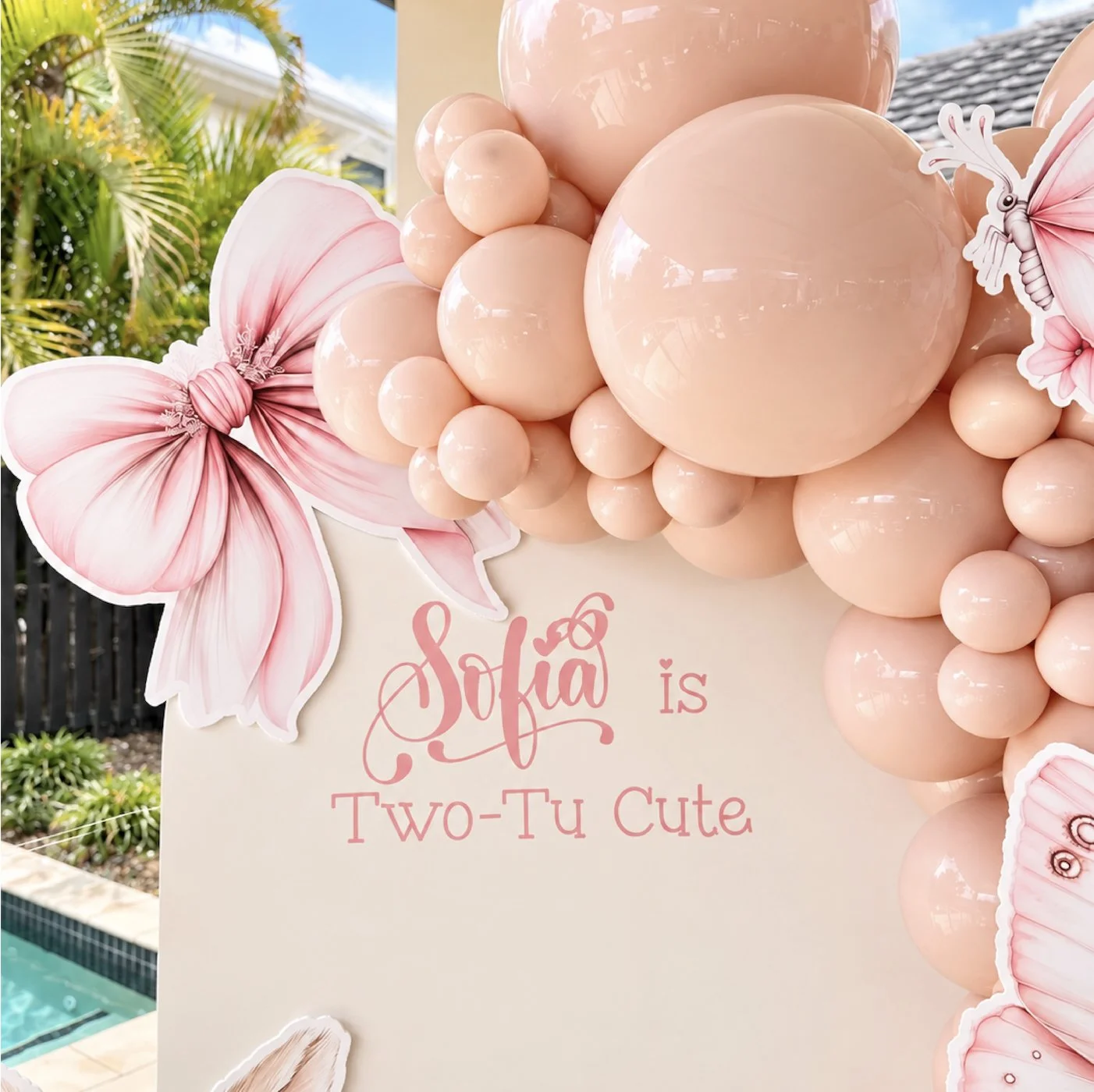 Ballet themed second birthday balloon and backdrop setup on the Gold Coast