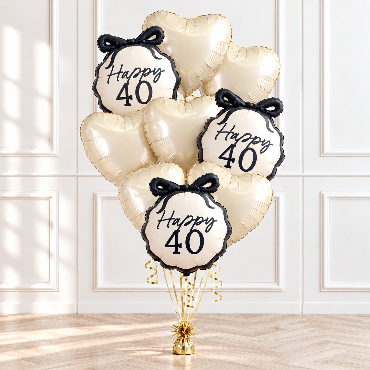 Elegant 40th birthday helium balloon bouquet with number and heart balloons by Print Candy