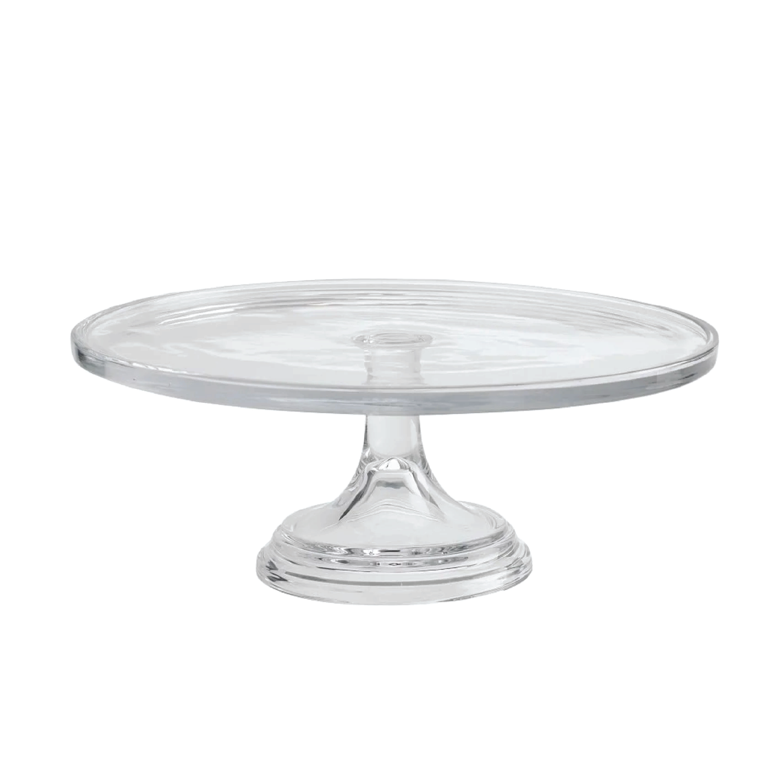 Clear glass cake stand with a wide flat surface and a fluted base