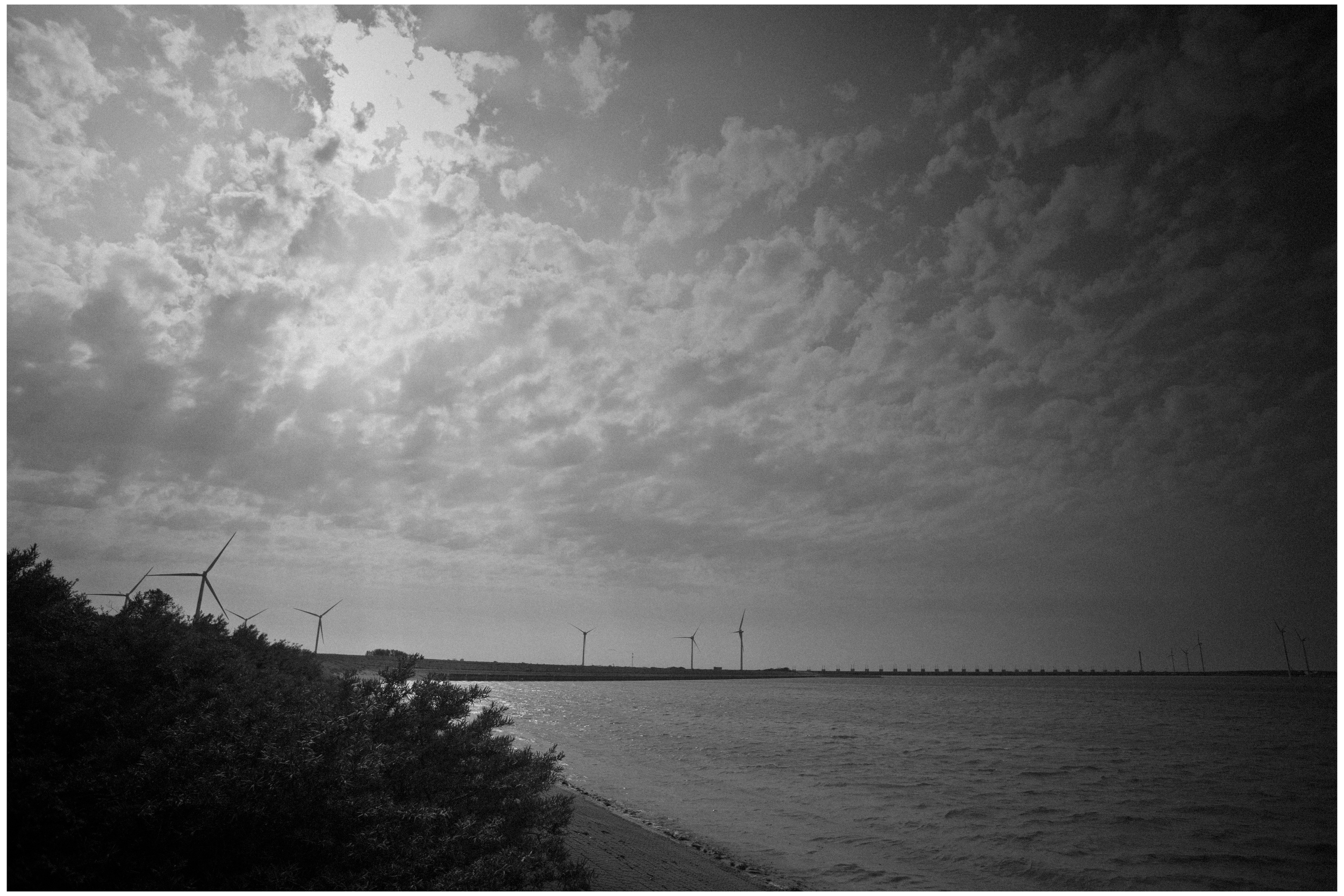 Eine Landschaft mit Wasser, Büschen im Vordergrund, Windkraftanlagen im Hintergrund und einem bewölkten Himmel in Schwarz-Weiß.