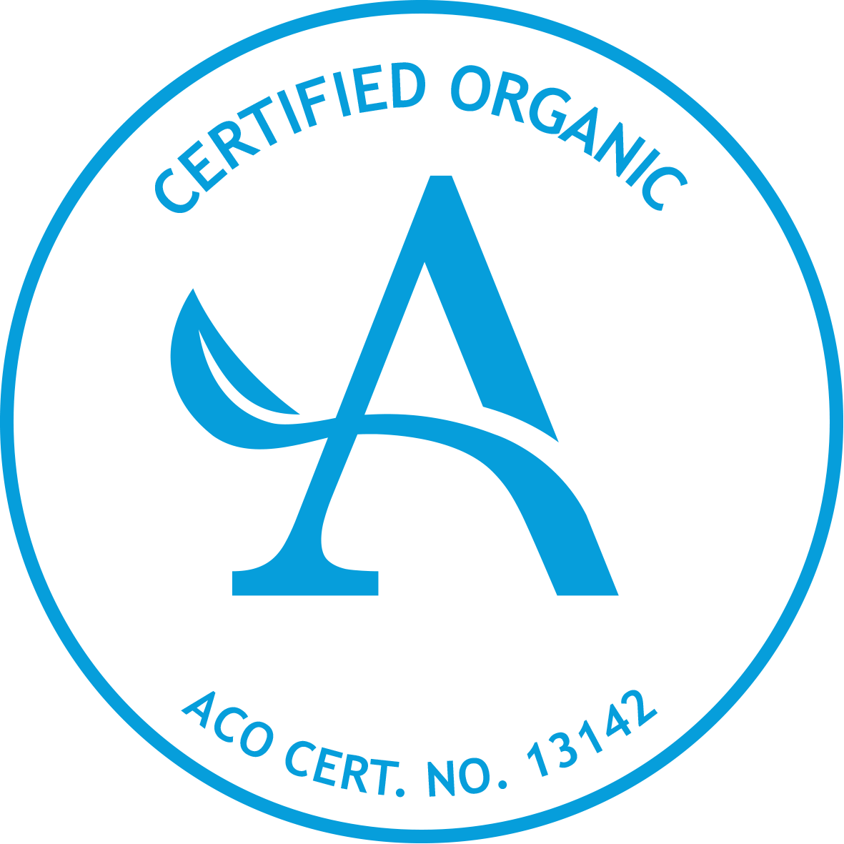 Blue circular certification badge with the text 'Certified Organic' at the top and 'ACO Cert. No. 13142' at the bottom. The center features a stylized logo combining an 'A' and a leaf.