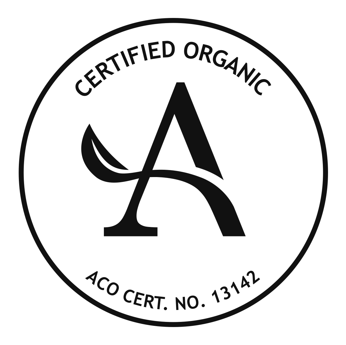 Black circular organic certification logo with a large stylized letter 'A' in the center. The words 'Certified Organic' are written around the top of the circle, and 'ACO Cert. No. 13142' is written around the bottom.