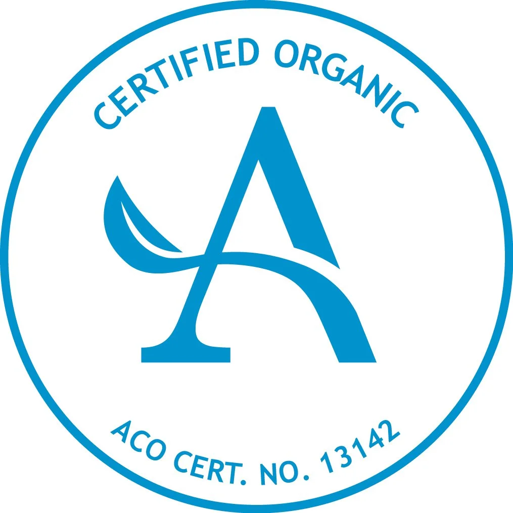 Certified Organic logo with stylized 'A' and 'O' in blue, surrounded by a circular border, and the text 'Certified Organic' at the top and 'ACO Cert. No. 13142' at the bottom.