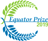 Logo for the 2019 Equator Prize featuring green and blue palm leaves with the text 'Equator Prize 2019' in blue and green.