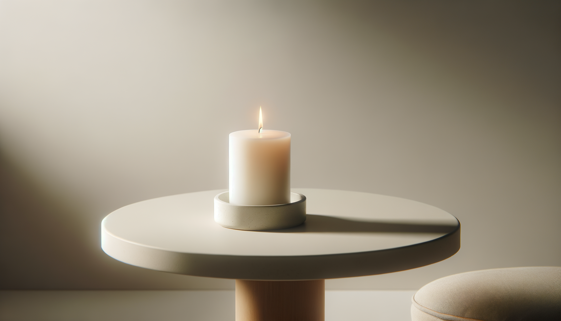 A lit white candle on a round white table with a beige base, next to a beige cushioned stool, against a neutral wall.