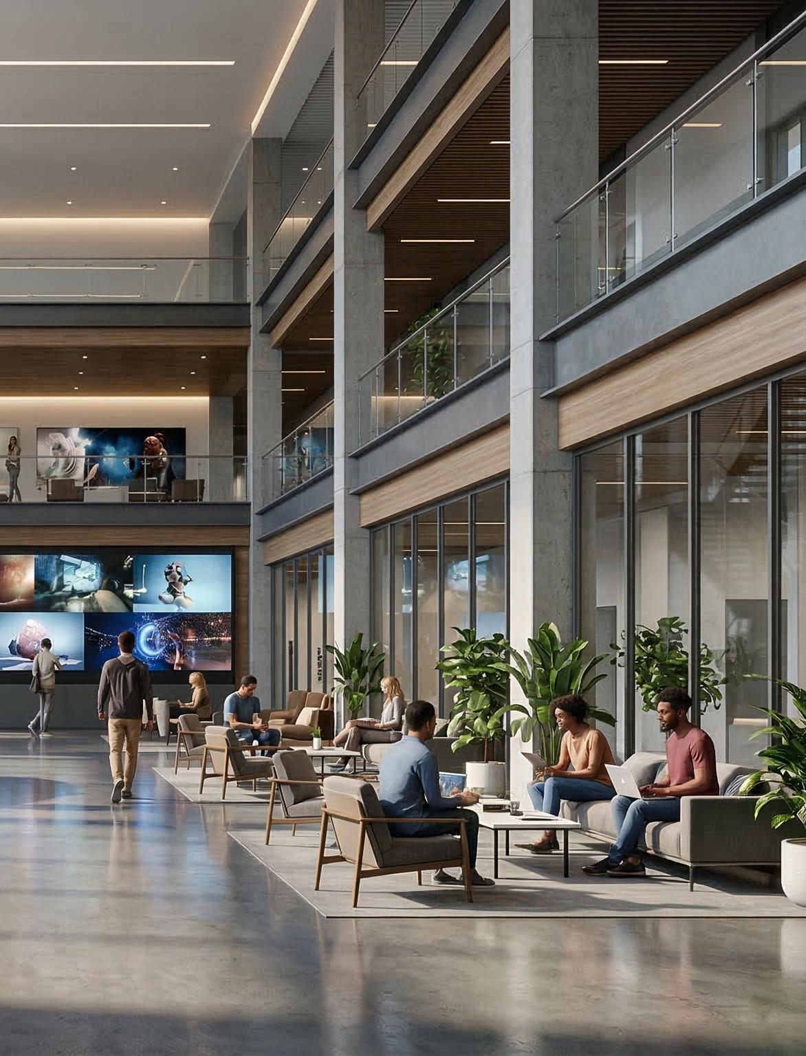 Modern corporate lobby with people sitting on couches and working on laptops, large potted plants, glass walls, and digital screens on the wall.