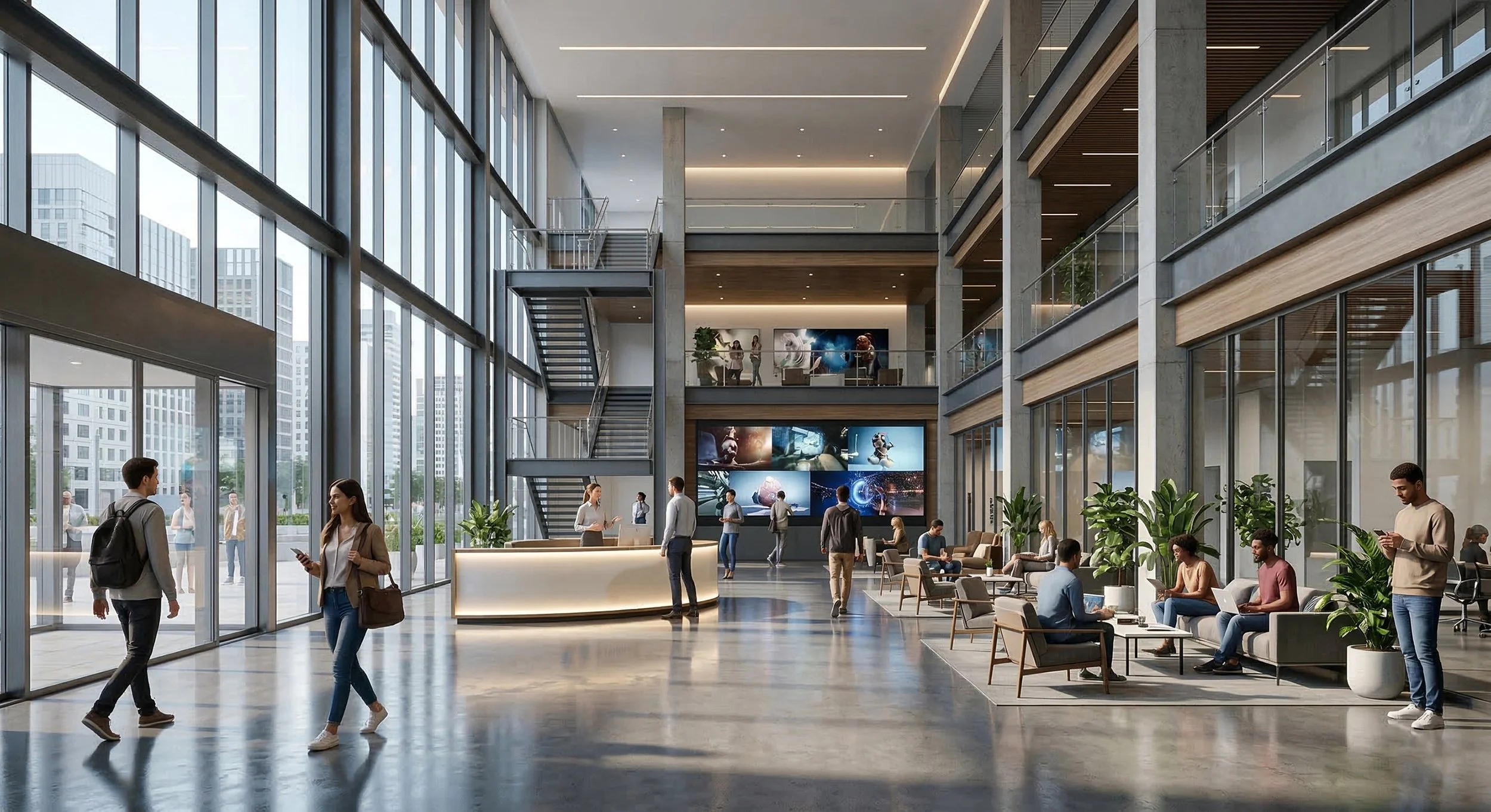 Modern office lobby with large glass windows, a reception desk, seating area with people using laptops and phones, and a digital display wall with images.
