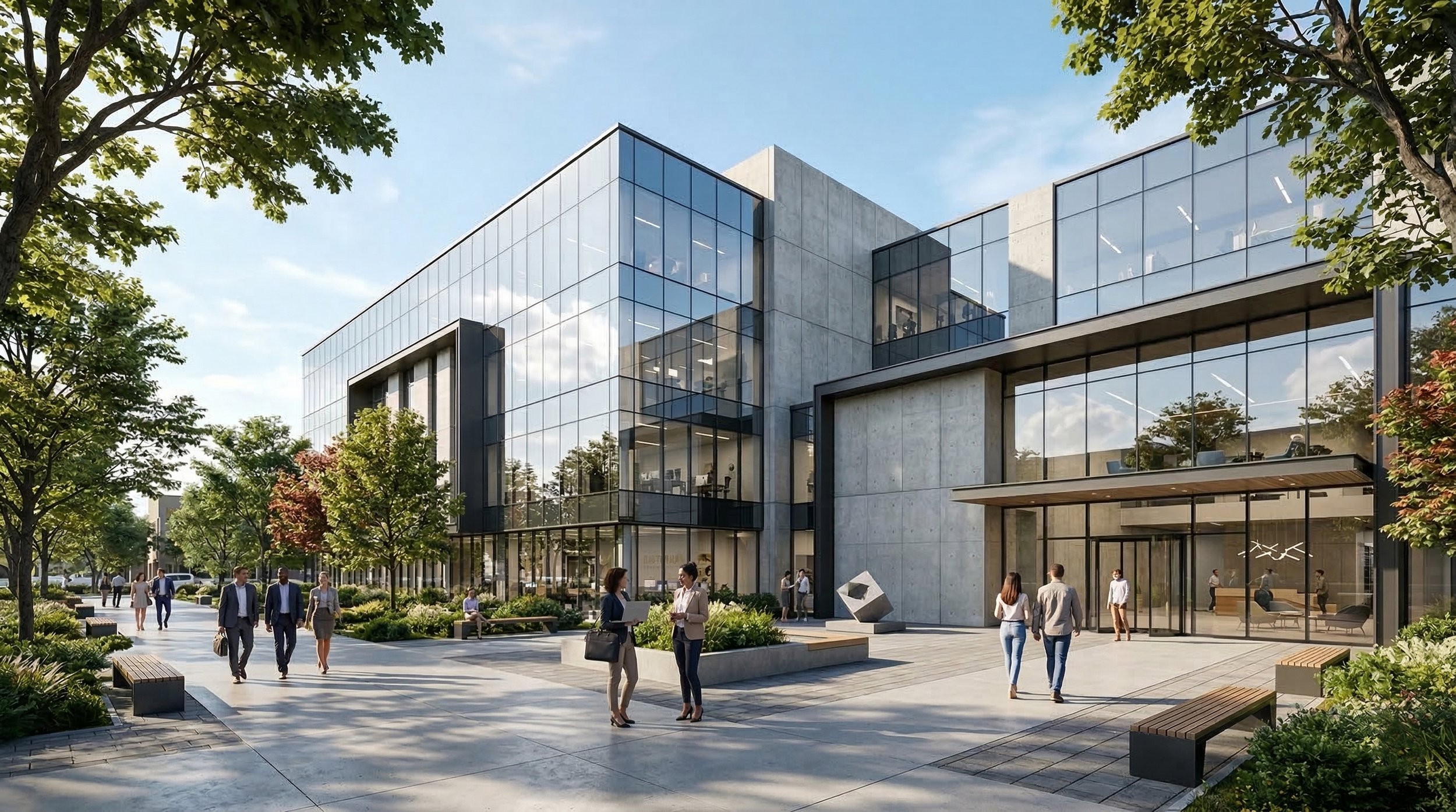 Modern office building with glass windows, trees, and people walking, talking, and sitting outside on a clear day.