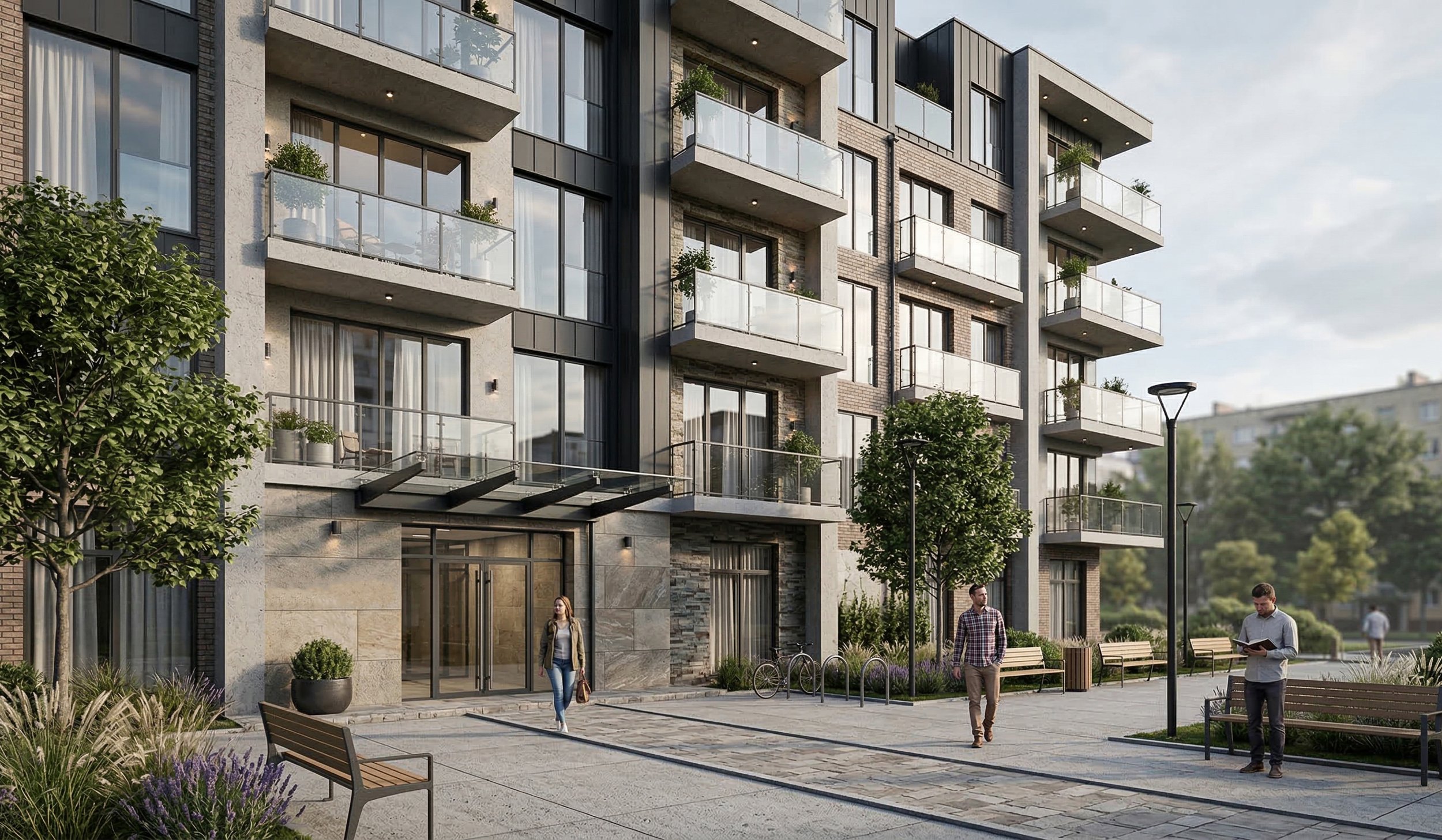 Modern residential apartment building with balconies, trees, benches, and people walking outside.