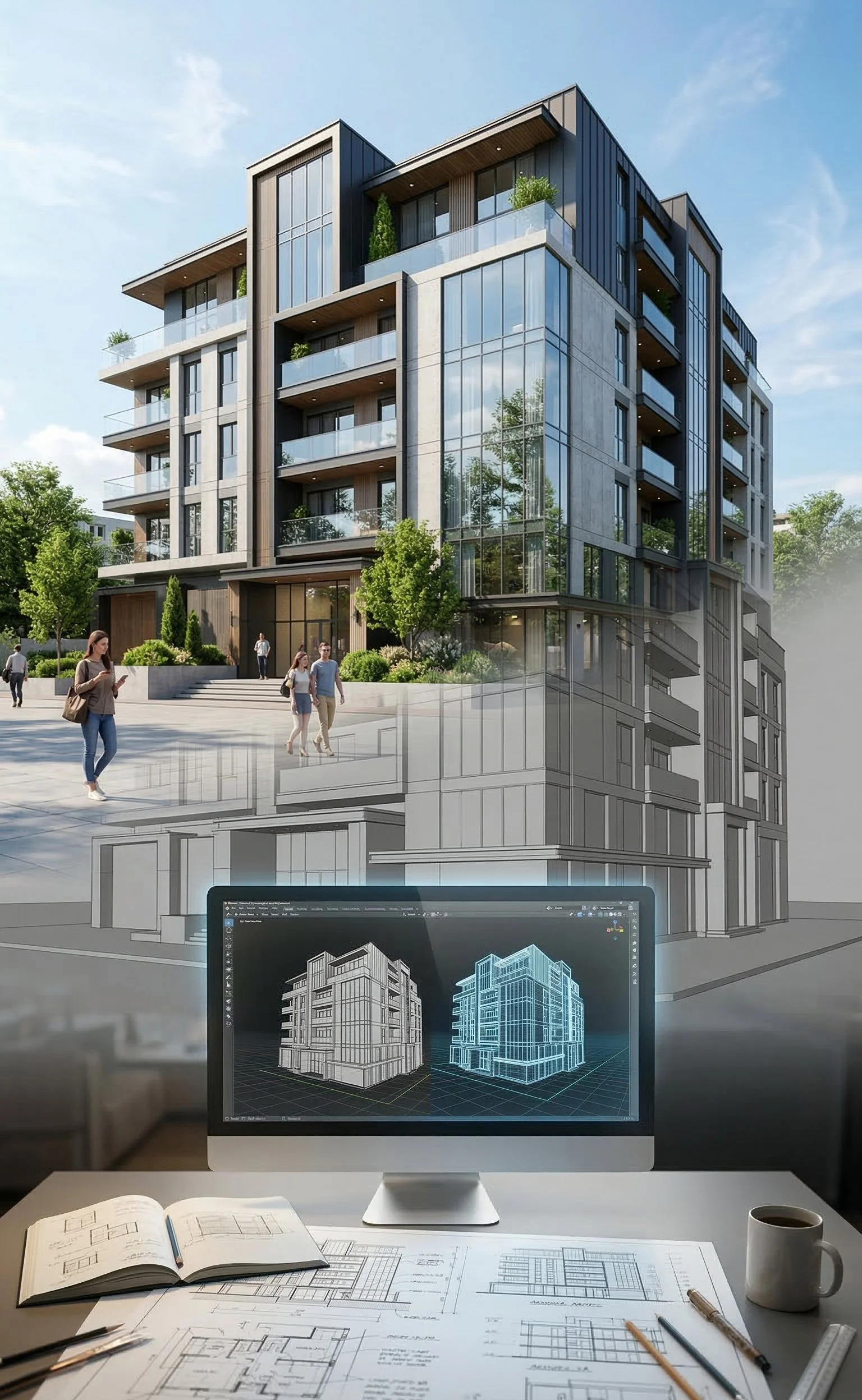 Architectural designing of a modern building with a computer showing building blueprints, an open sketchbook, and a coffee cup on the desk.