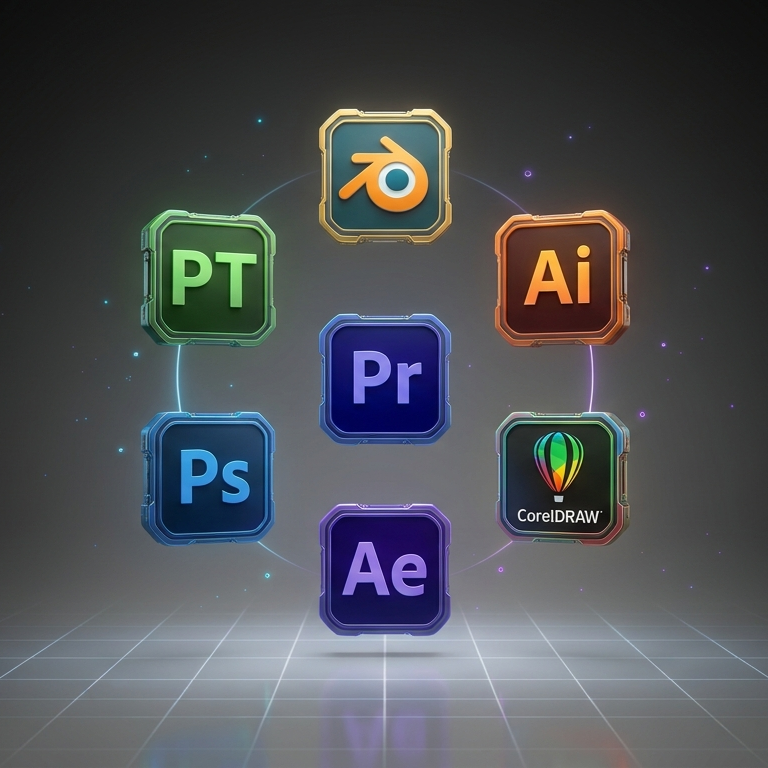 Collection of software icons including Adobe Premiere, Photoshop, After Effects, Adobe Illustrator, PowerPoint, CorelDRAW, Blender, and Animate, arranged in a circular pattern with a digital grid background.