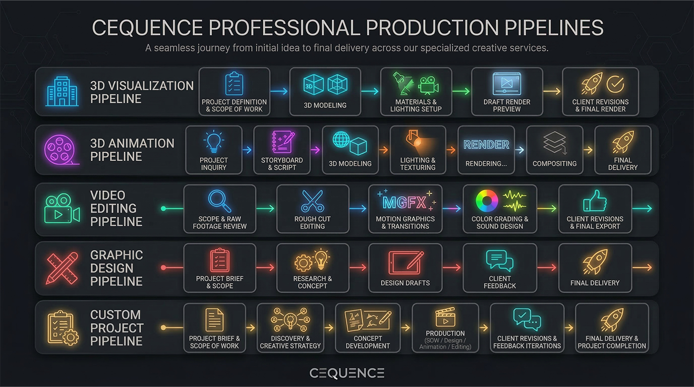 Infographic titled 'CEQUENCE PROFESSIONAL PRODUCTION PIPELINES' showing five workflows: 3D Visualization, 3D Animation, Video Editing, Graphic Design, and Custom Projects. Each pipeline lists stages from initial concept to final delivery with icons and arrows connecting steps.