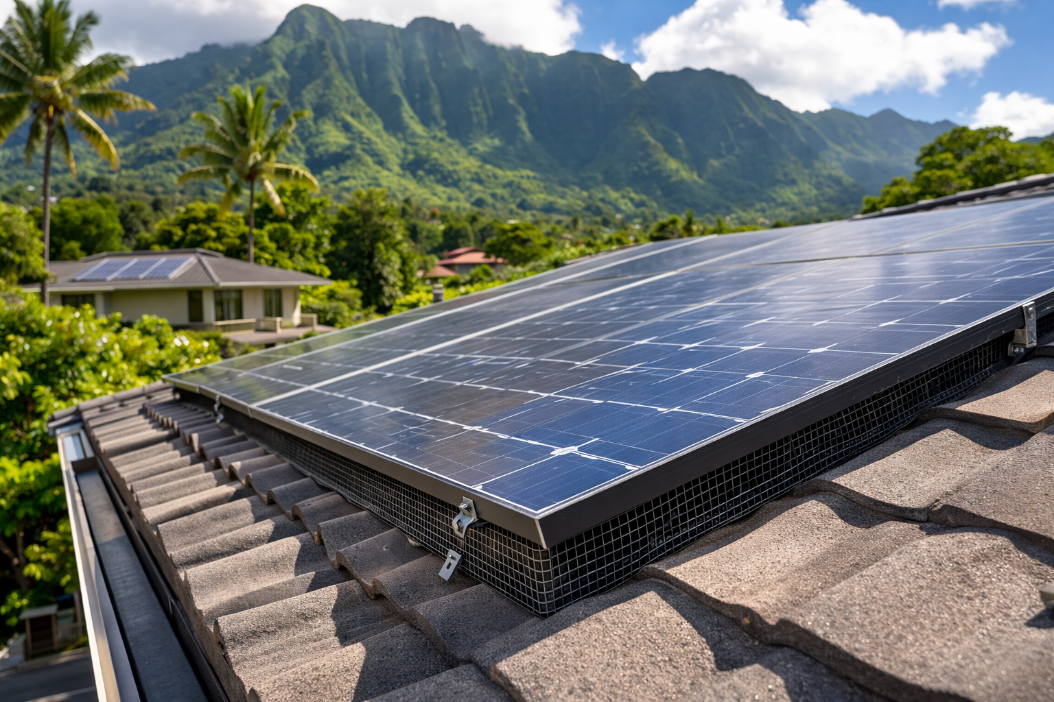solar panel bird proofing mesh installed on rooftop in manoa valley honolulu hawaii preventing birds nesting under solar panels