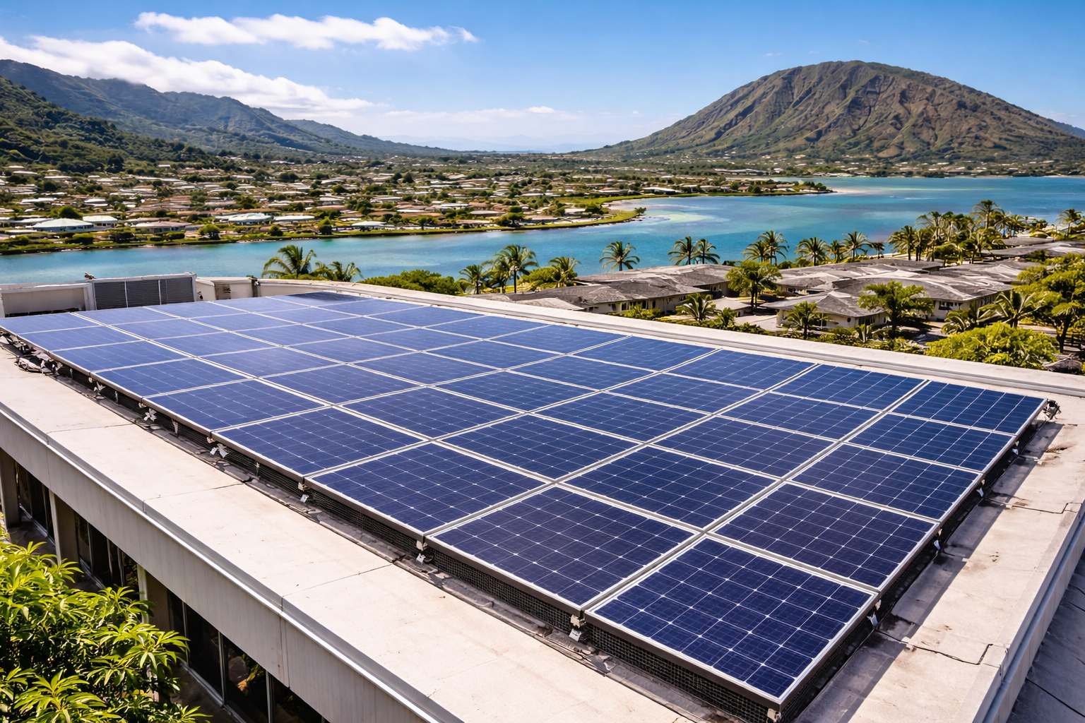 commercial building rooftop solar panels with bird proofing mesh in hawaii kai honolulu overlooking marina and ocean
