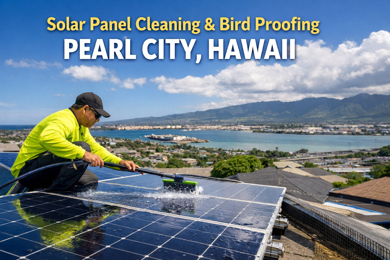 Solar panel cleaning service in Pearl City Hawaii technician washing rooftop solar panels overlooking Pearl Harbor Oahu