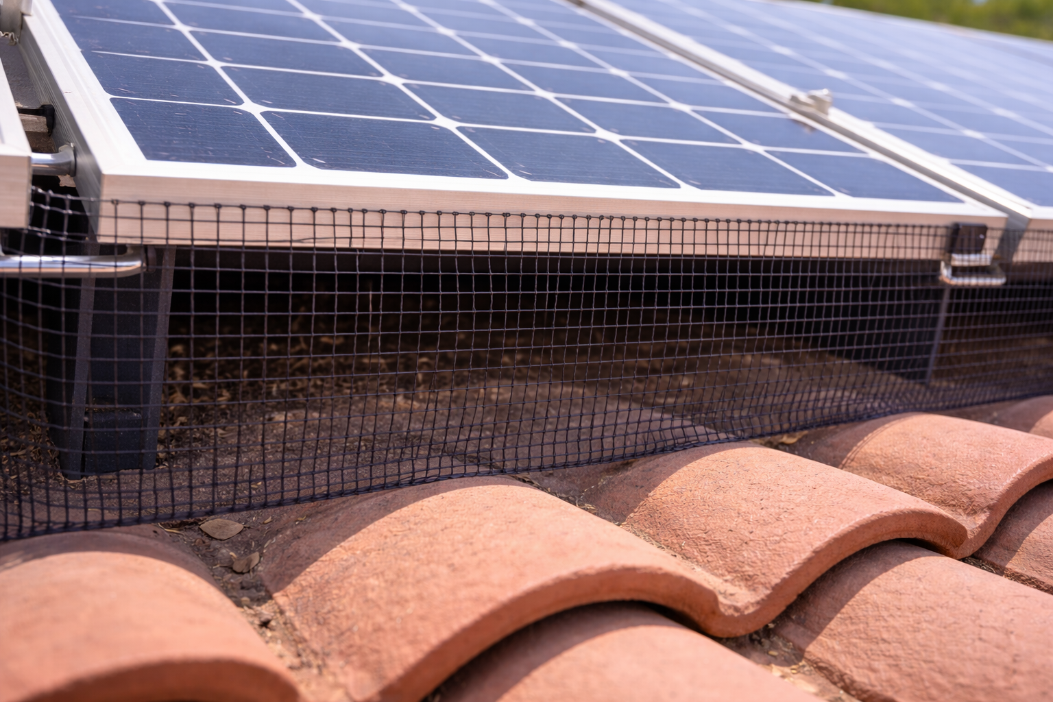 solar panel bird proofing service Honolulu Oahu installation, solar panel pest control mesh preventing birds nesting under panels, pigeon proof solar panels with professional mesh barrier system