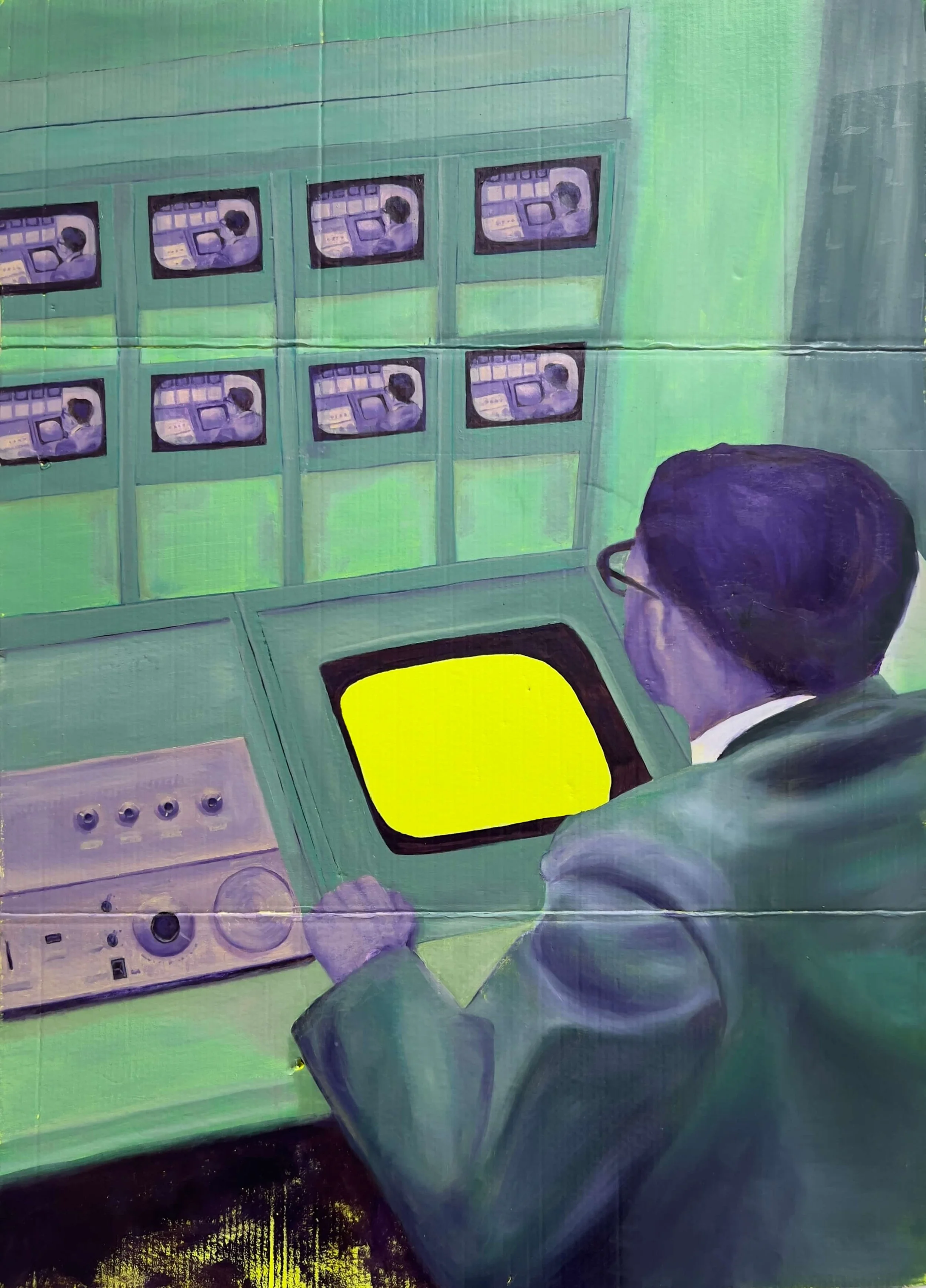 Monitor. Oil & acrylic on repurposed cardboard, 58 x 82 cm