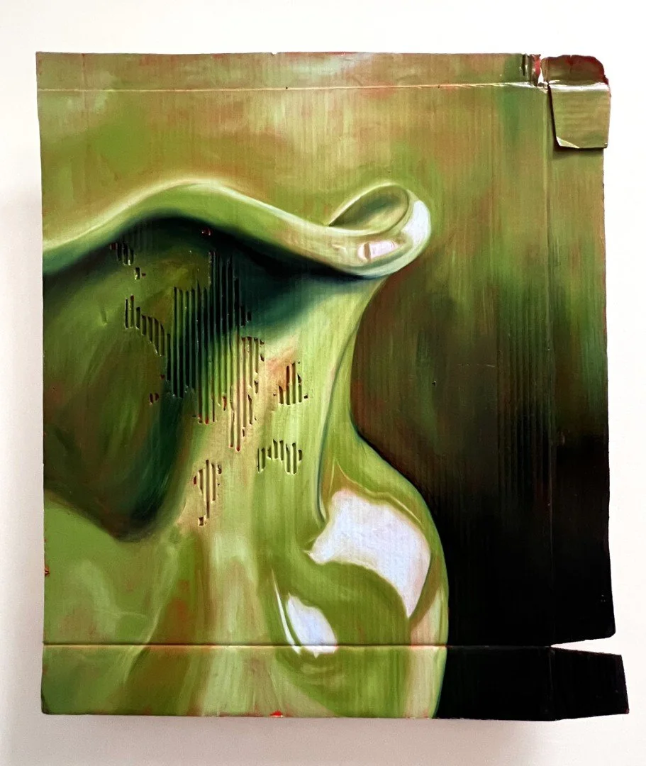 Rachel's I   2025   Oil and acrylic on repurposed cardboard   65.5 x 56.5 cm