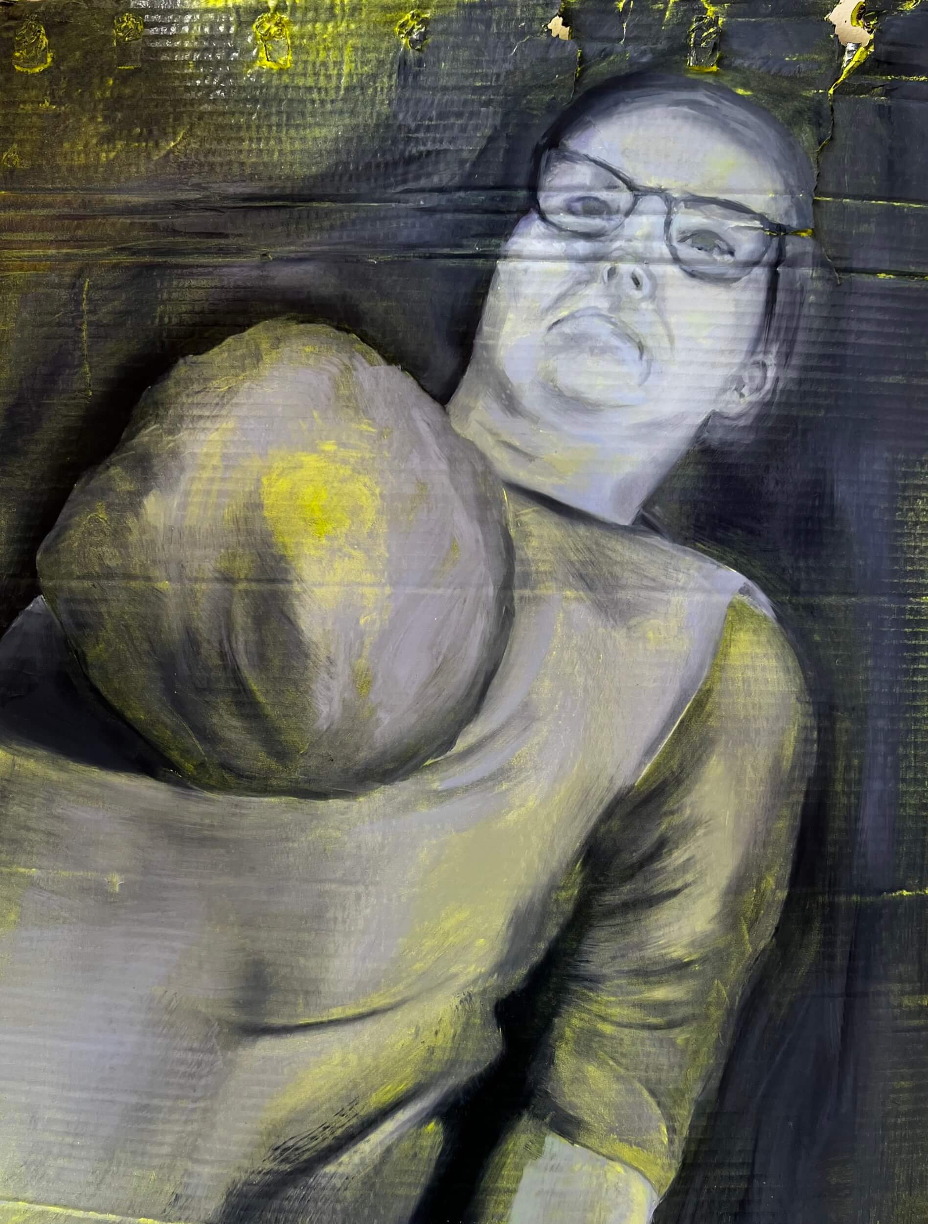 Burden  2025  Oil and acrylic on repurposed cardboard  78 x 60 cm