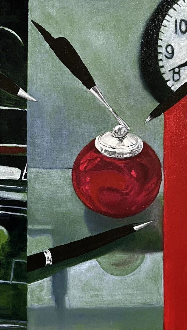 Armed With a Pen 2023 Oil and acrylic on canvas 63 cm x 27 cm