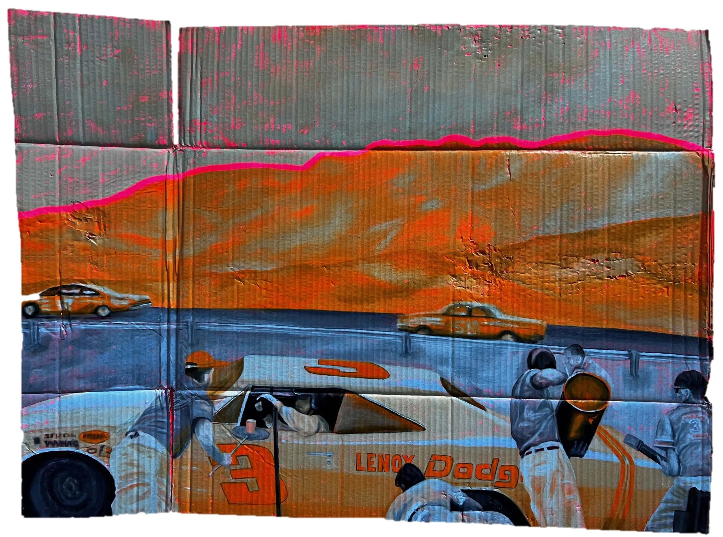 Race Car Ya-Ya. Oil & acrylic on repurposed cardboard, 68 x 94 cm