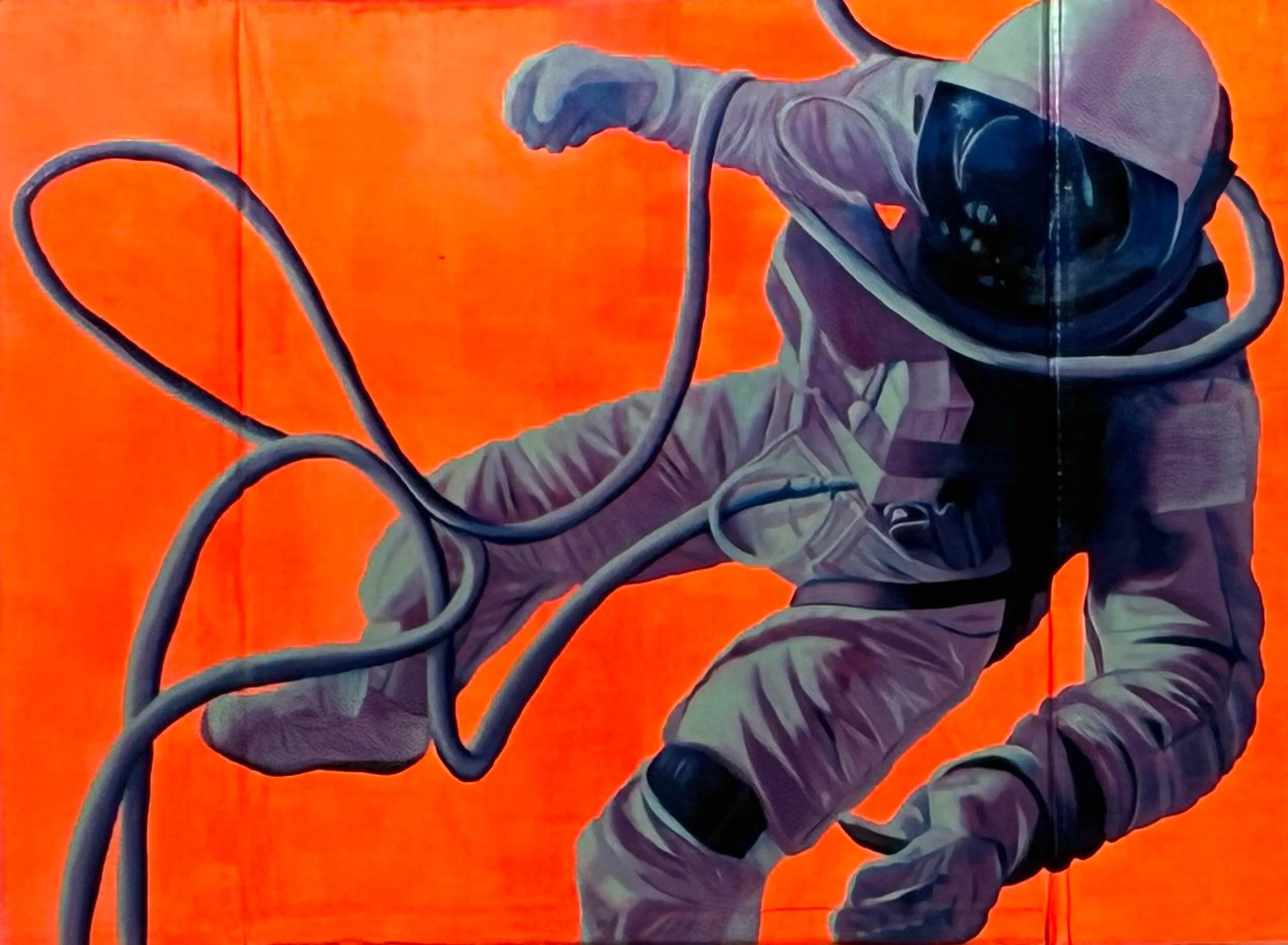 Spaceman. Oil & acrylic on repurposed cardboard, 60 x 82 cm