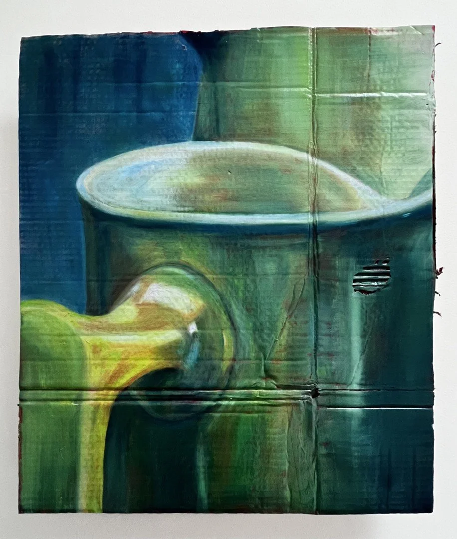 Rachel's V   2026   Oil and acrylic on repurposed cardboard   62 x 53.5 cm