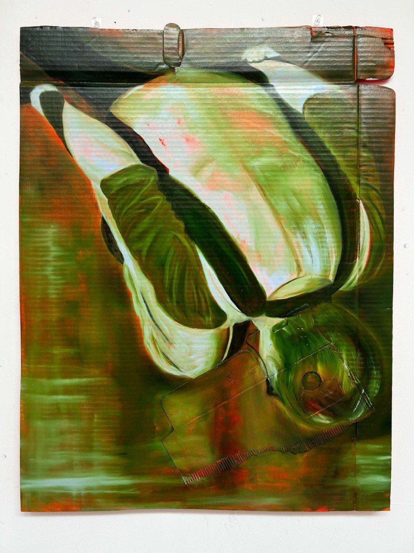 Child's Pose  2025  Oil and acrylic on repurposed cardboard  78 x 60 cm