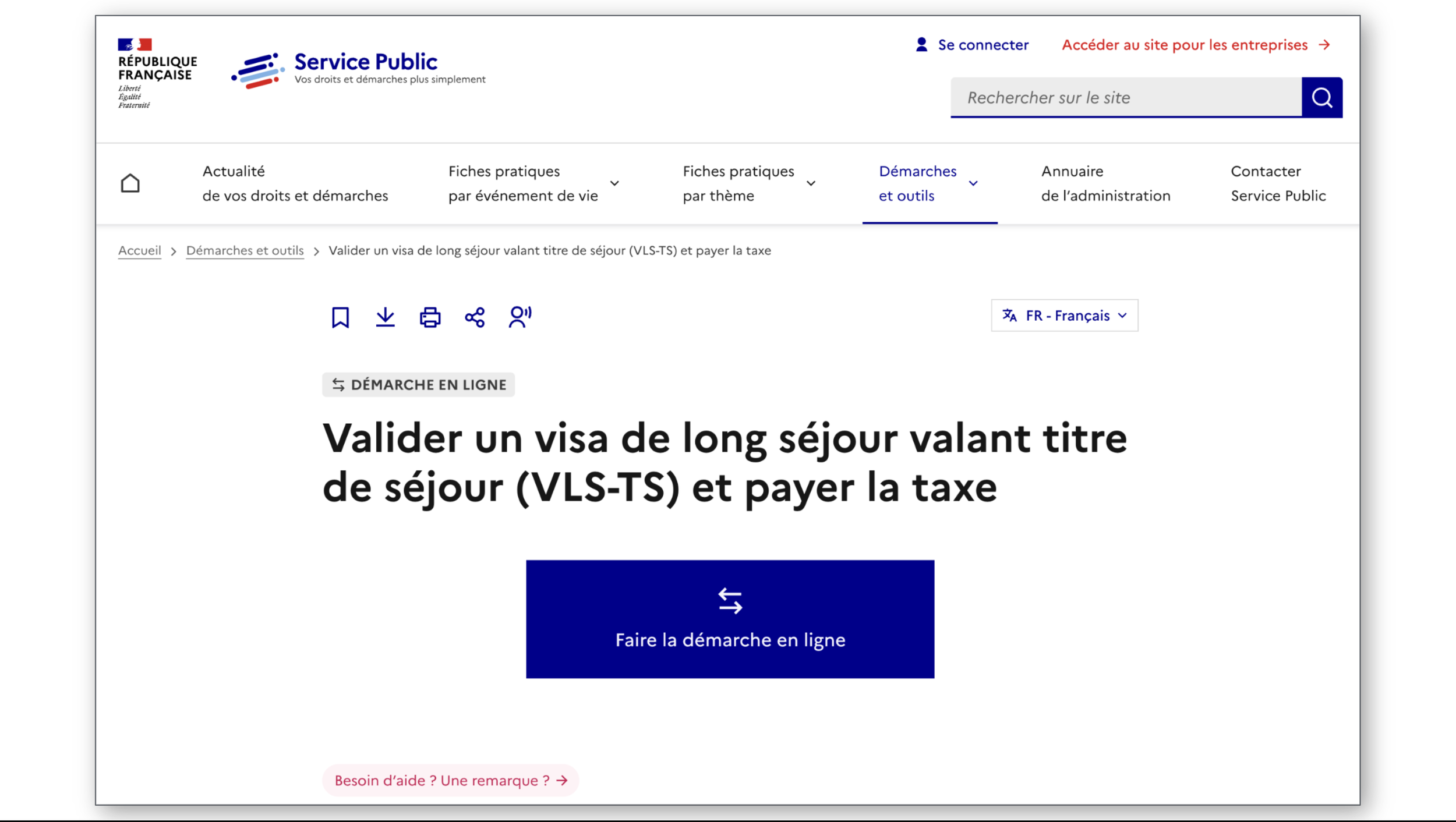 Screenshot of the official French government Service-Public website explaining how to validate a VLS-TS long-stay visa and pay the OFII tax after arrival in France, an essential step in completing French residency for Americans moving to France.