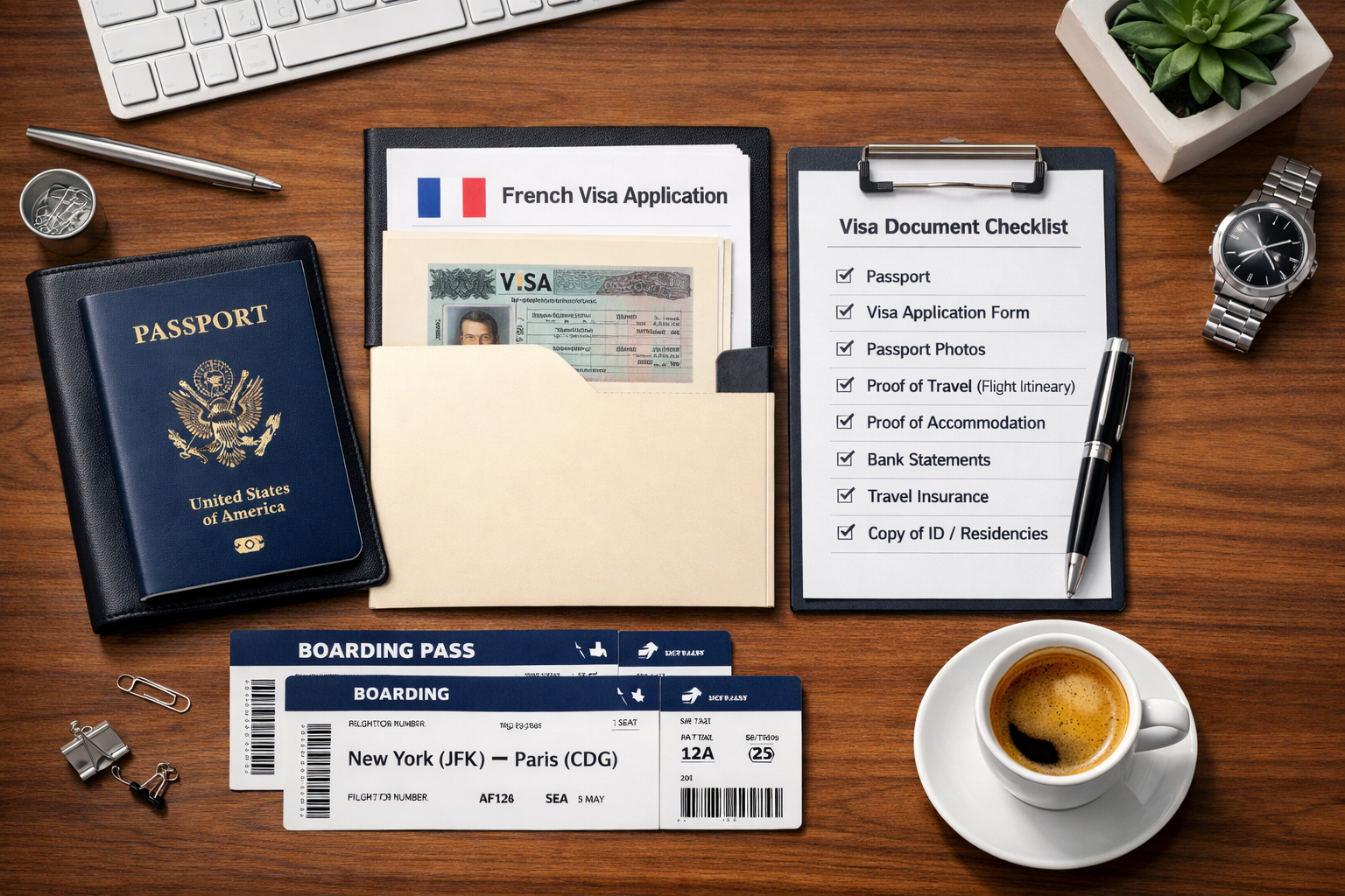 Desktop of Americans moving to France with French Long-Stay Visa application checklist, passport airline tickets, and espresso