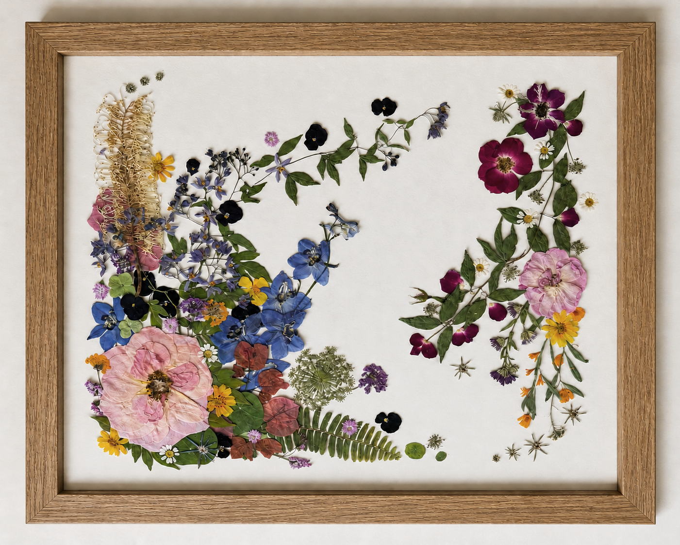 A framed collection of pressed flowers and leaves arranged on a white background.