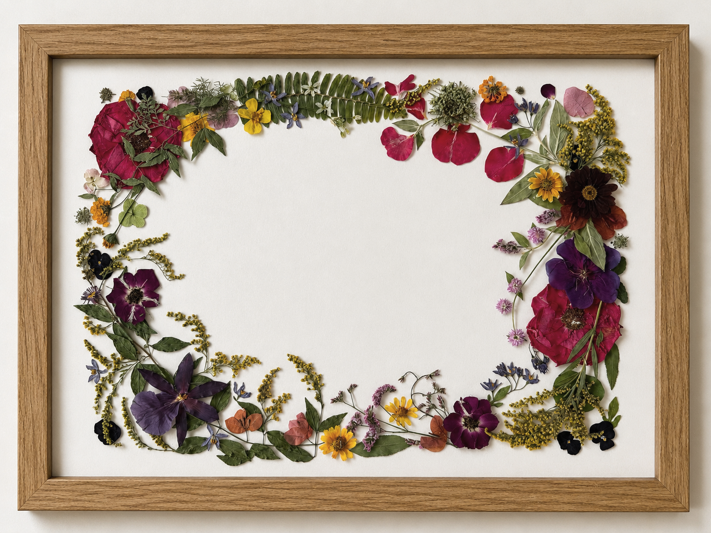 A framed arrangement of various pressed flowers and leaves on a white background, forming a border with a blank central area.