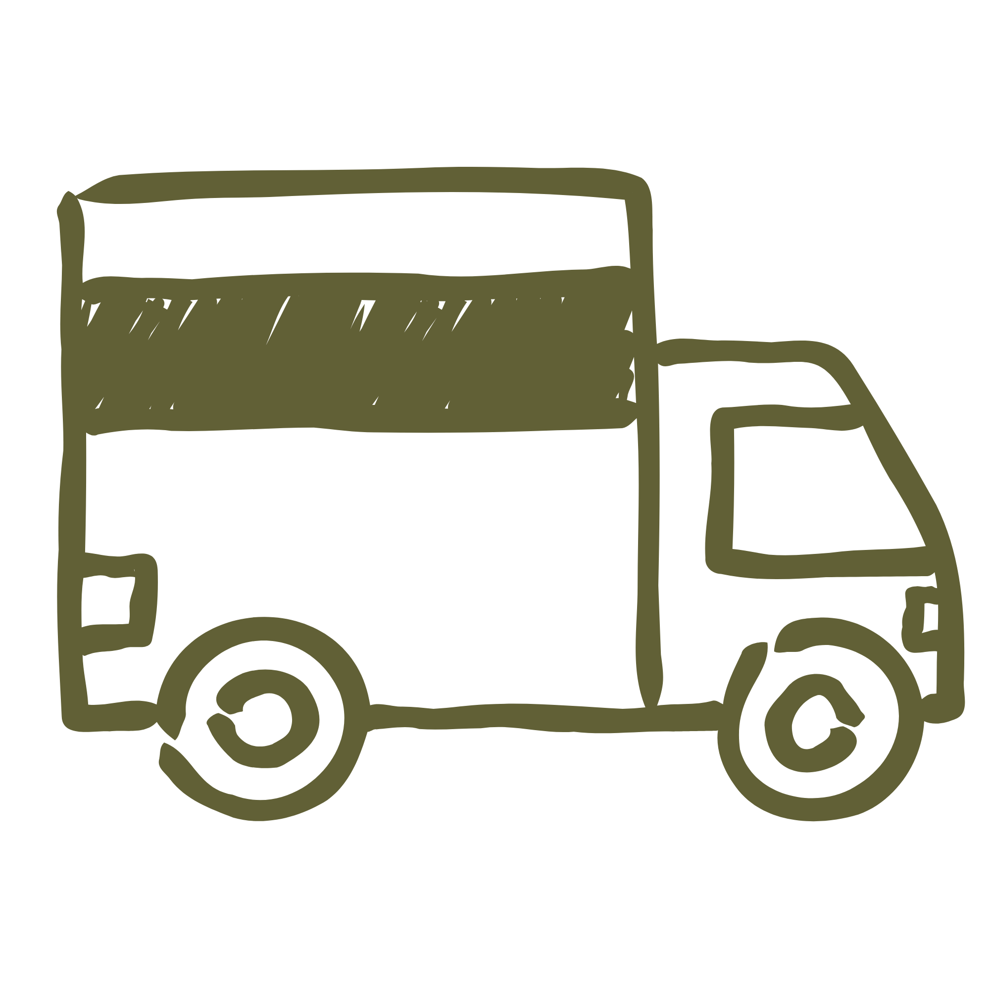 Outline drawing of a vintage agricultural tractor, showing its cab, rear wheel, and front axle.