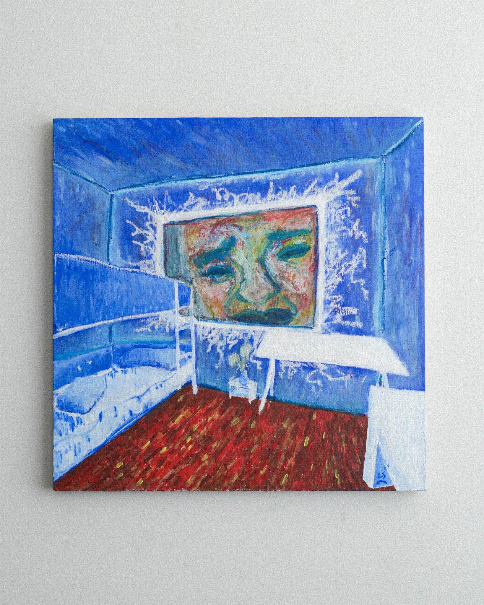 Dirt In My Room; 2025, Acrylic and oil pastel on board, 16x16 inc