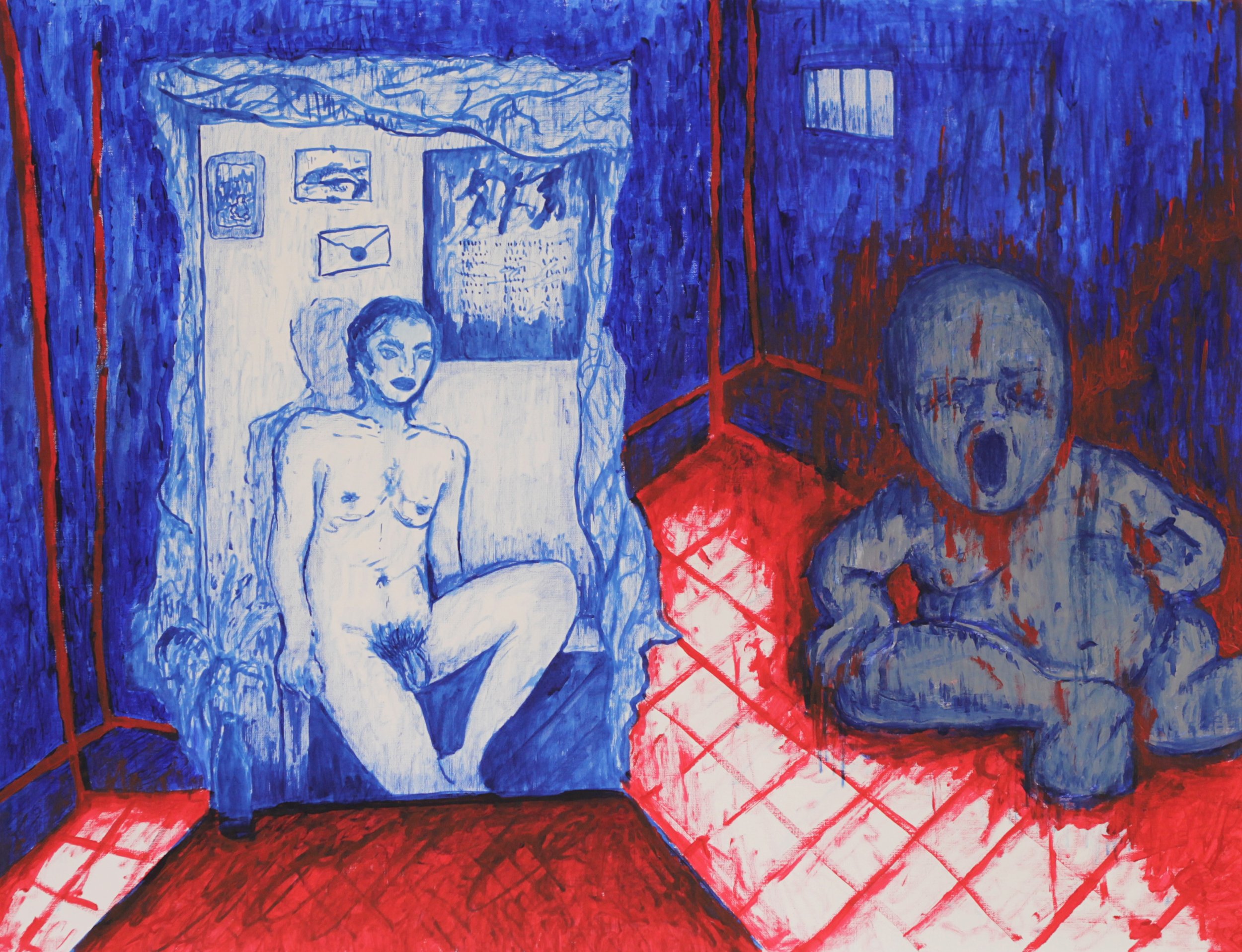 Self-portrait: Retrospective In the Blue; 2026, Acrylic and ink on oil paper, 50x65cm