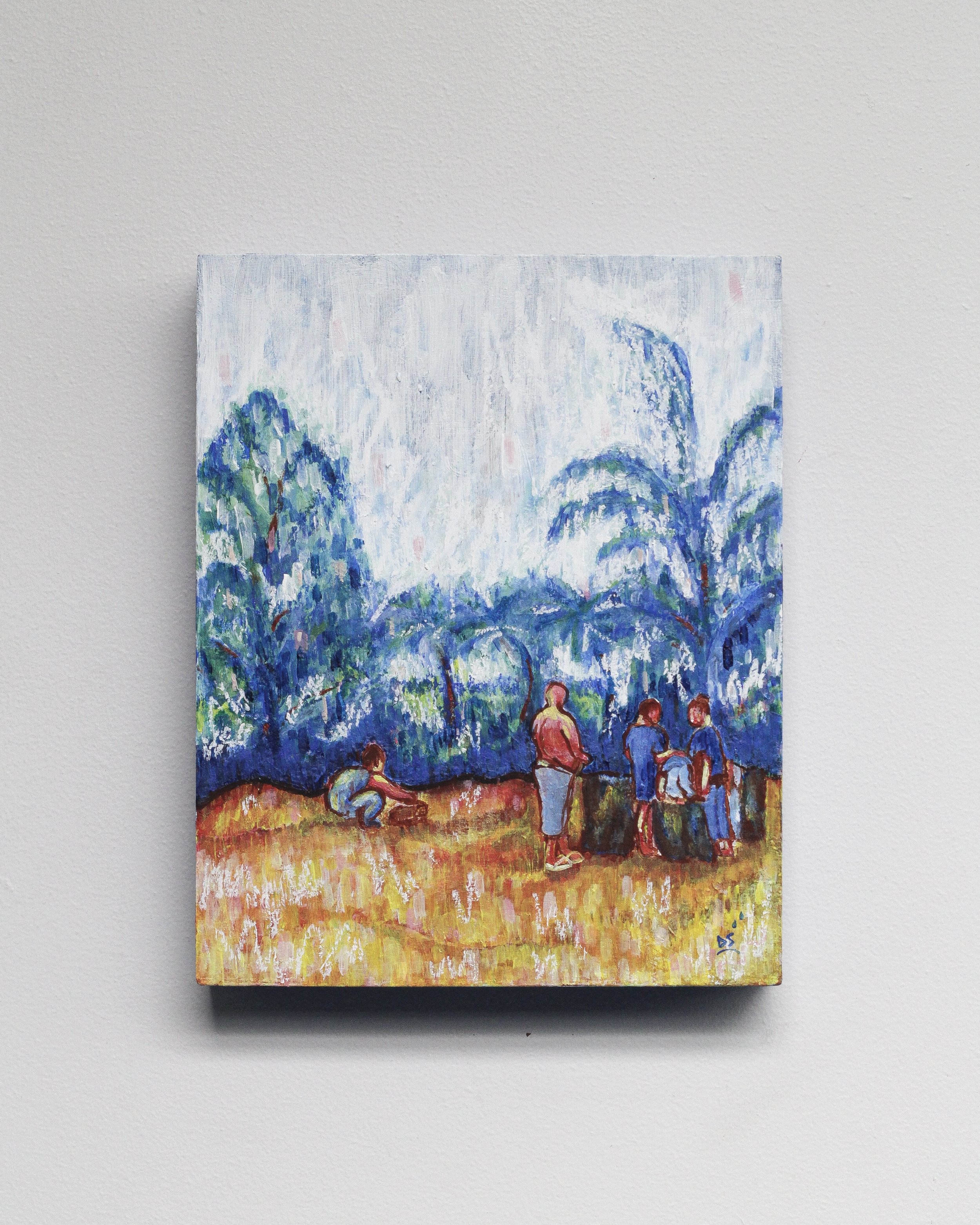 Family Gathering; 2025, Acrylic & oil pastel on panel board, 20.3x25.3cm