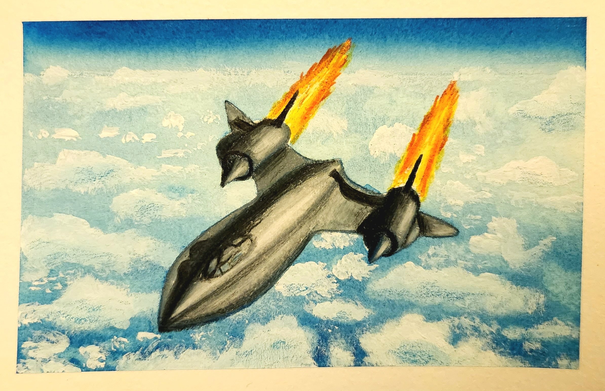 Watercolour paint, acrylic paint, pencil crayon