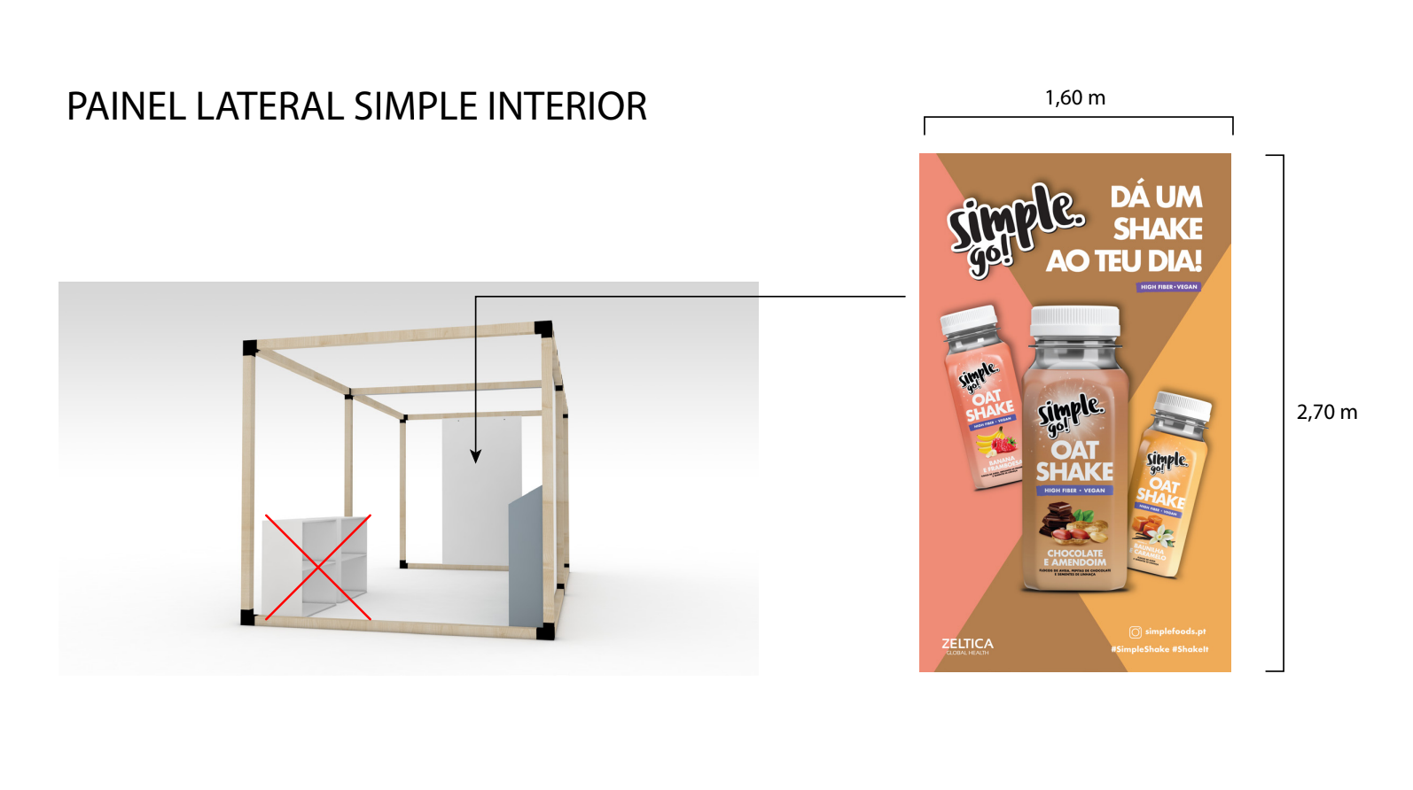 Advertisement for Simple Go! oat shakes with images of three bottles in different flavors, featuring bold text encouraging to give a shake to your day and highlighting high fiber and vegan attributes, alongside social media handles and hashtags.