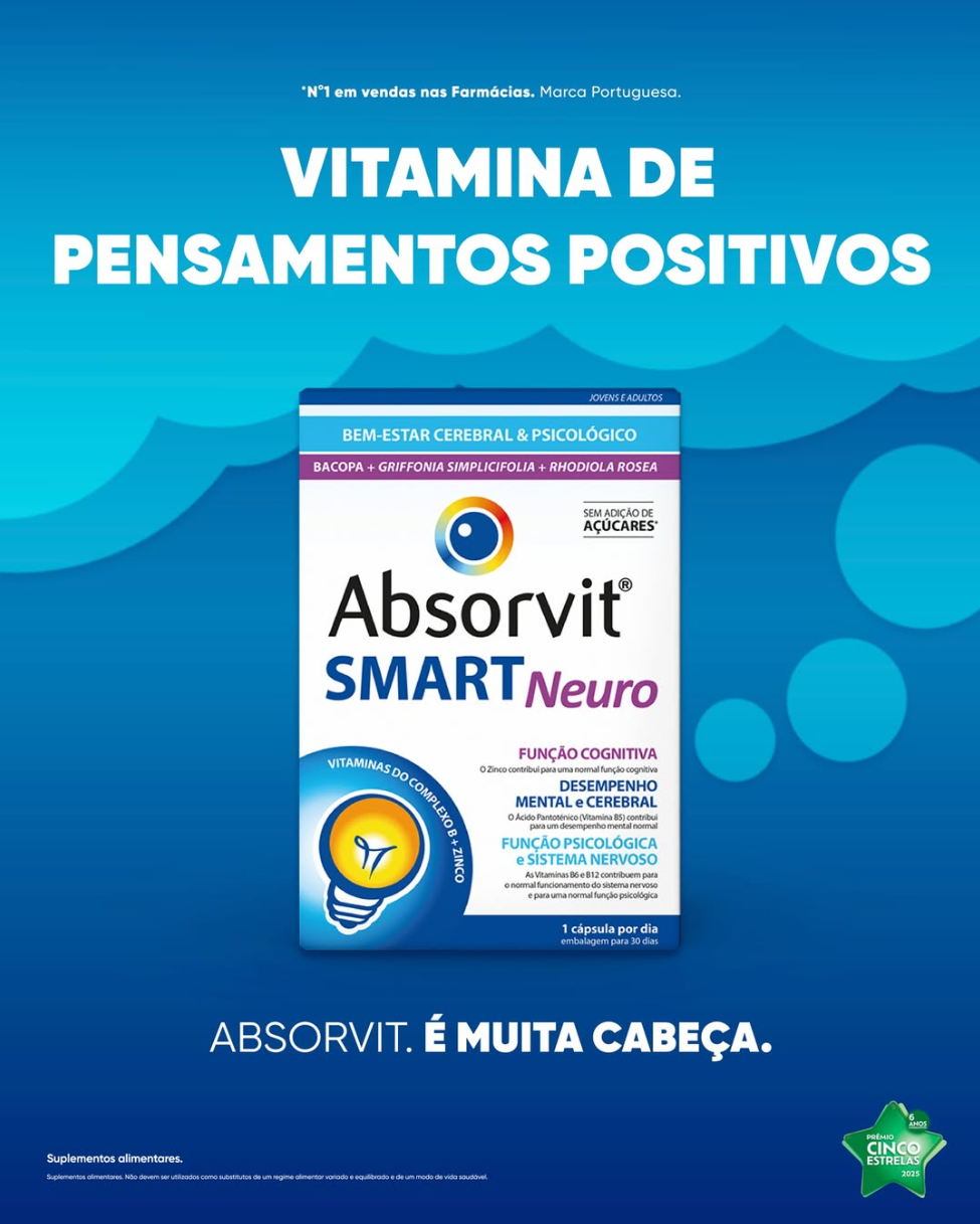 Advertisement for Absorvit SMART Neuro, a dietary supplement promoting positive thinking, cognitive function, mental performance, and nervous system health, with a blue background and product image in the center.