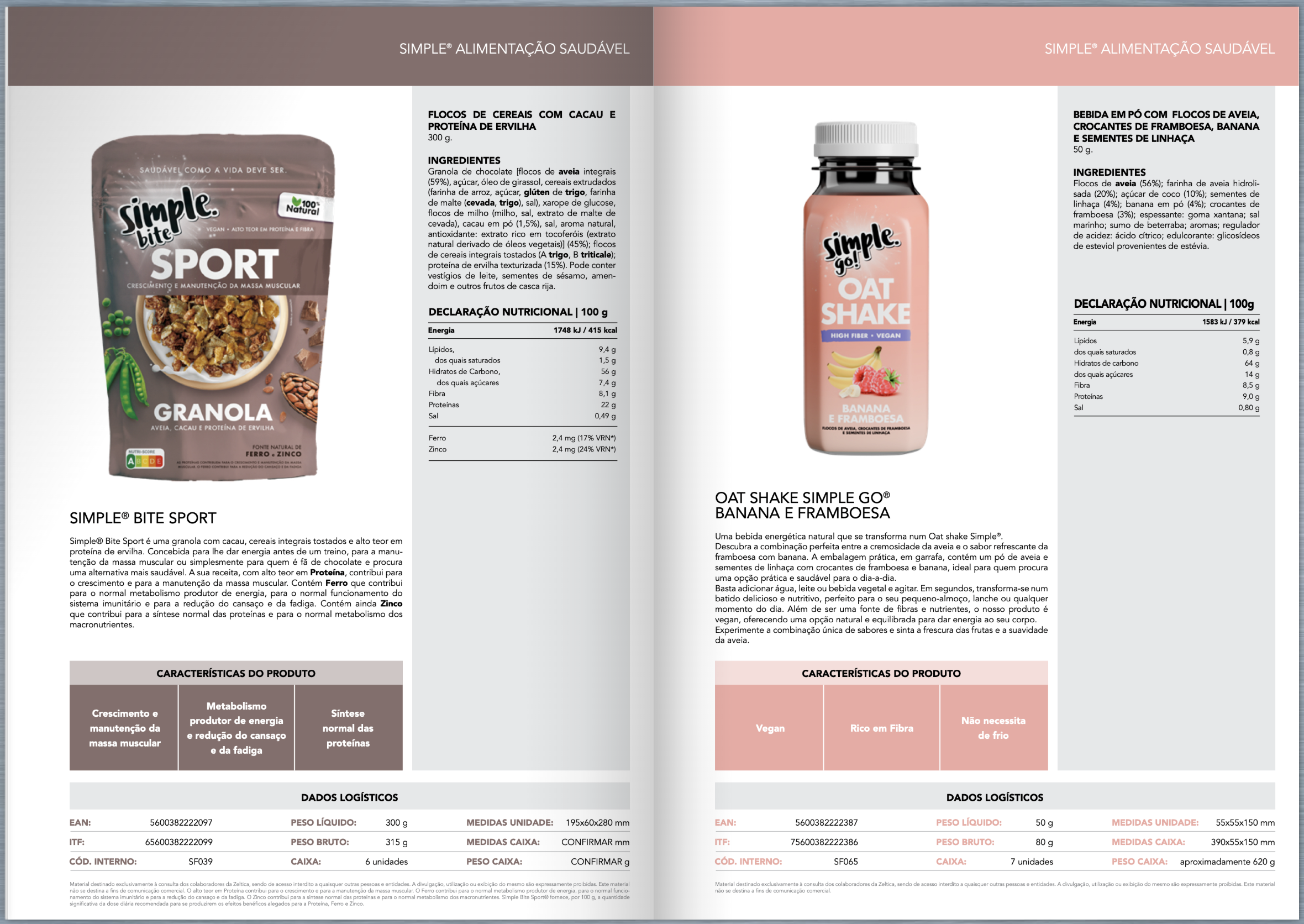Two pages of a product catalog featuring healthy food options. The left page shows a package of Simple Bite Sport granola with coconut and pea protein, along with nutritional facts. The right page displays a bottle of Simple Go! Oat Shake with banana