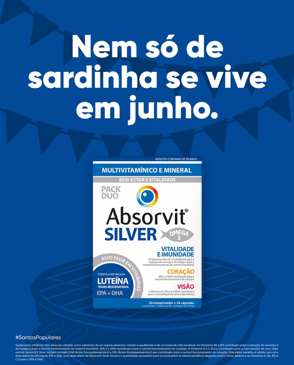 Blue advertisement poster with a sardine graphic and Portuguese text that says, 'Nem só de sardinha se vive em junho,' promoting vitamin supplements for health and immunity, featuring Absorvit Silver.