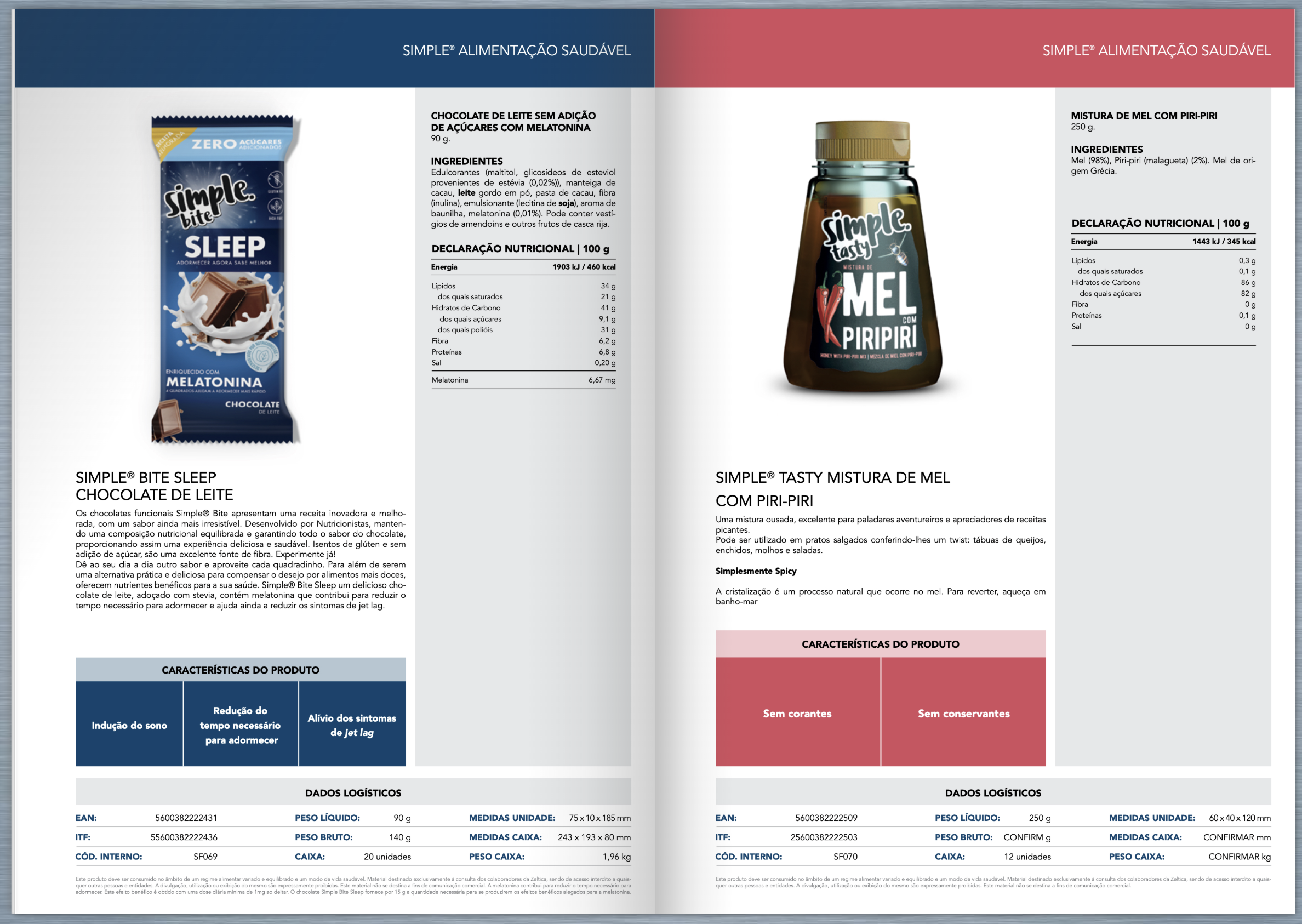 A two-page nutritional information sheet showing two different healthy food products. The left side features a chocolate bar labeled 'Simple Bite Sleep Chocolate de Leite,' with ingredients and nutritional facts, along with benefits like sleep induct